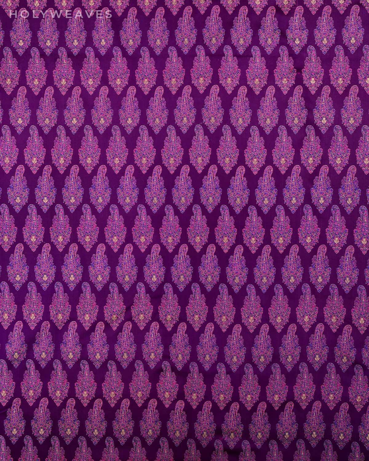 Purple Banarasi Tehra Jamawar Brocade Handwoven Katan Silk Fabric with Zari Accents - By HolyWeaves, Benares