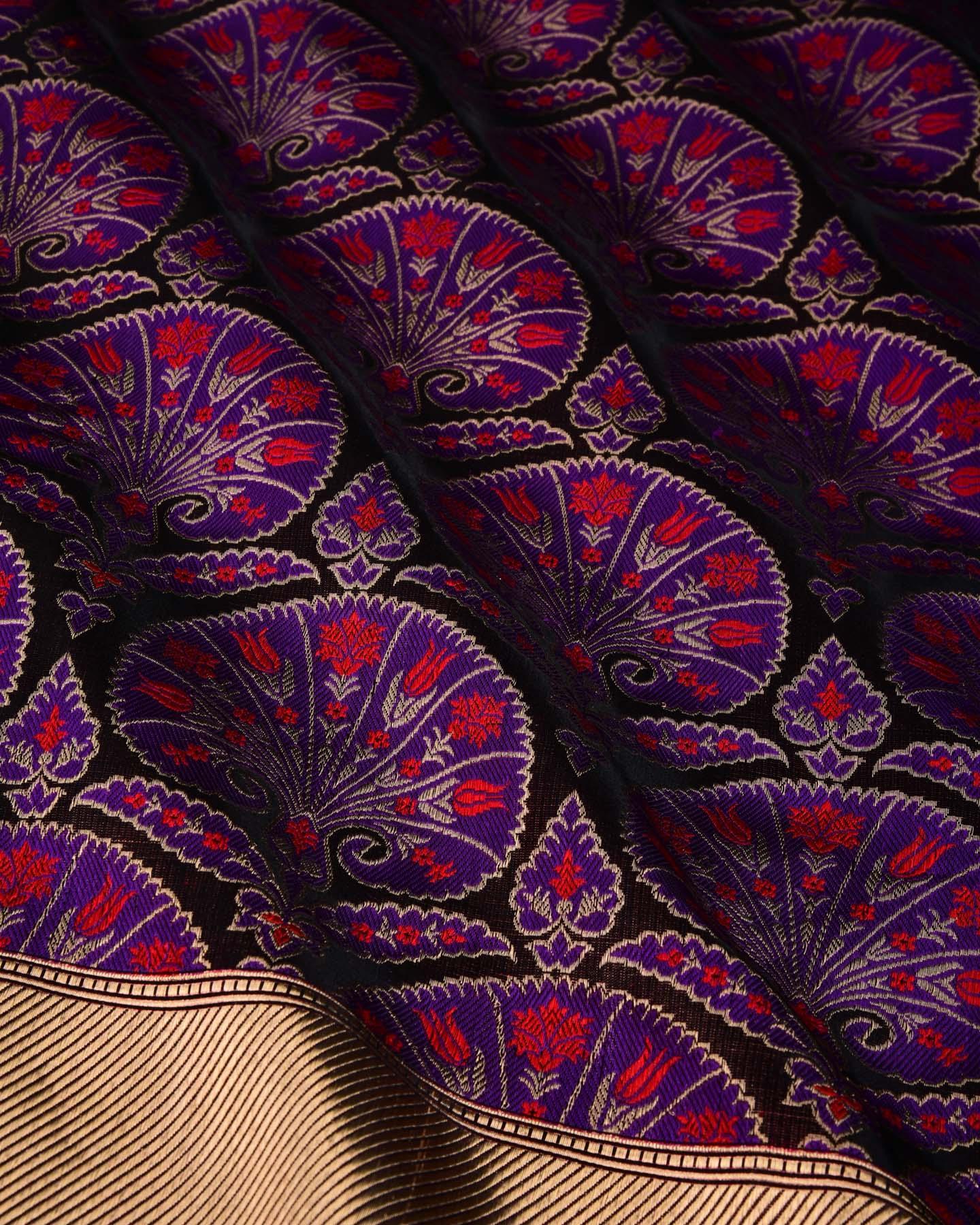 Purple Banarasi Traditional Boota Satin Jamawar Brocade Handwoven Katan Silk Saree with Zari Accents - By HolyWeaves, Benares