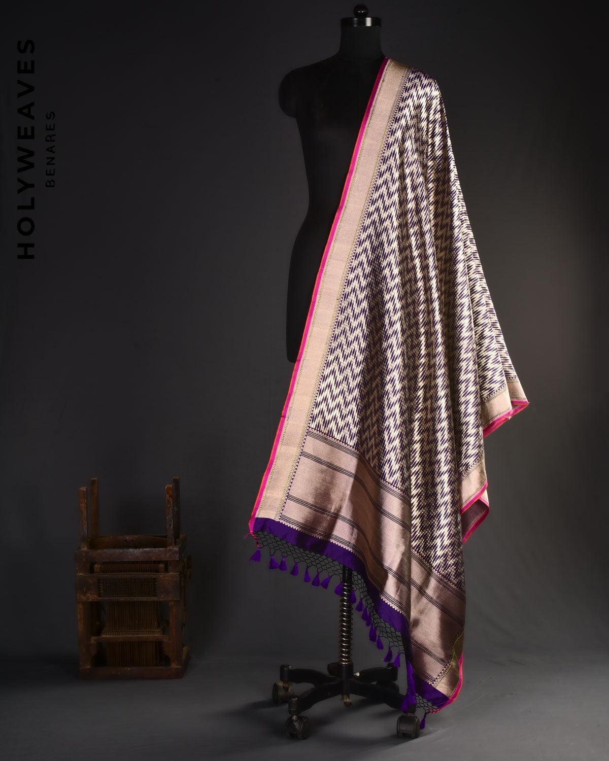 Purple Banarasi "Twist" Sona-Rupa Chevron Kadhuan Brocade Handwoven Katan Silk Dupatta - By HolyWeaves, Benares