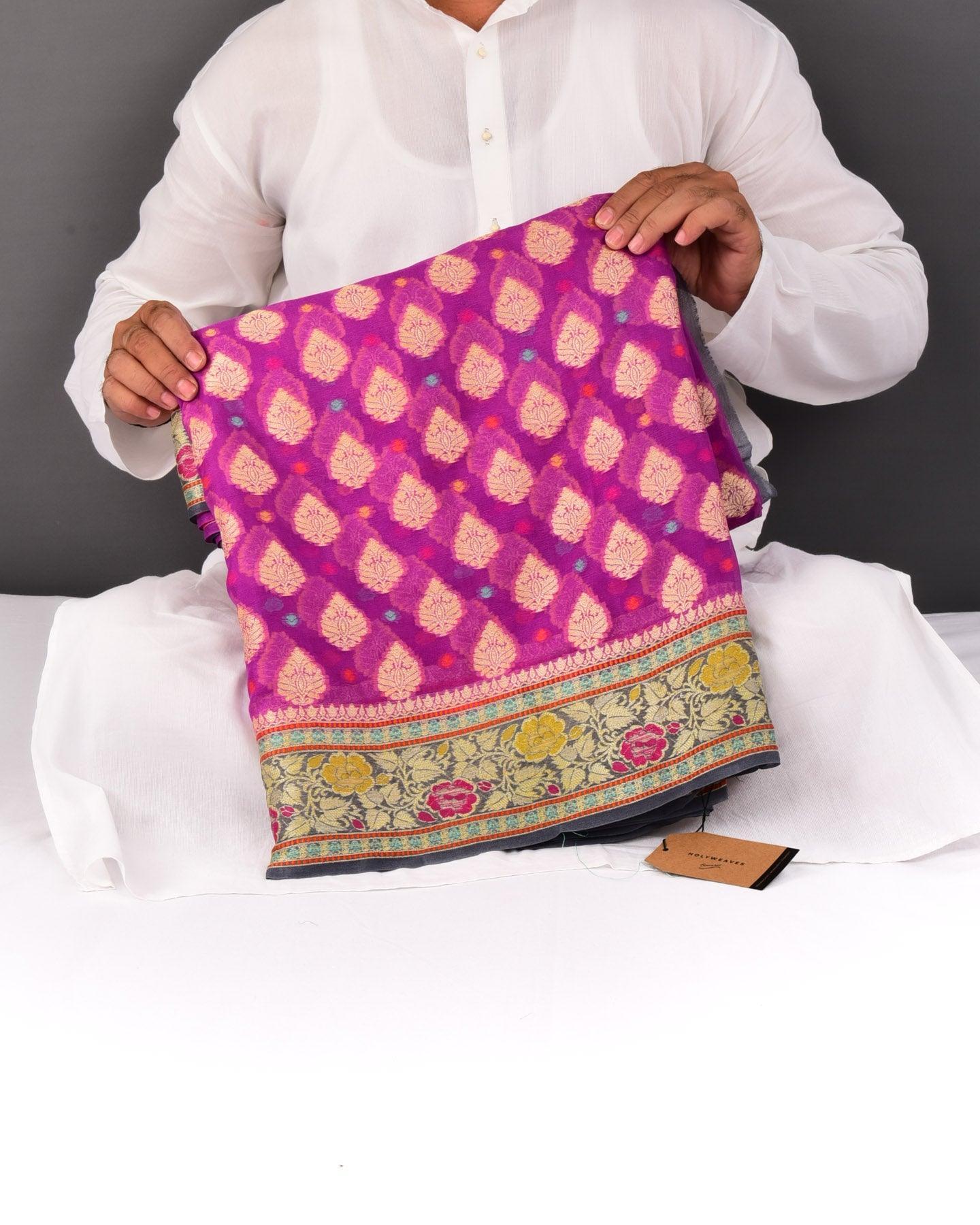 Purple Banarasi Zari & Resham Meena Buti Cutwork Brocade Woven Khaddi Georgette Saree - By HolyWeaves, Benares