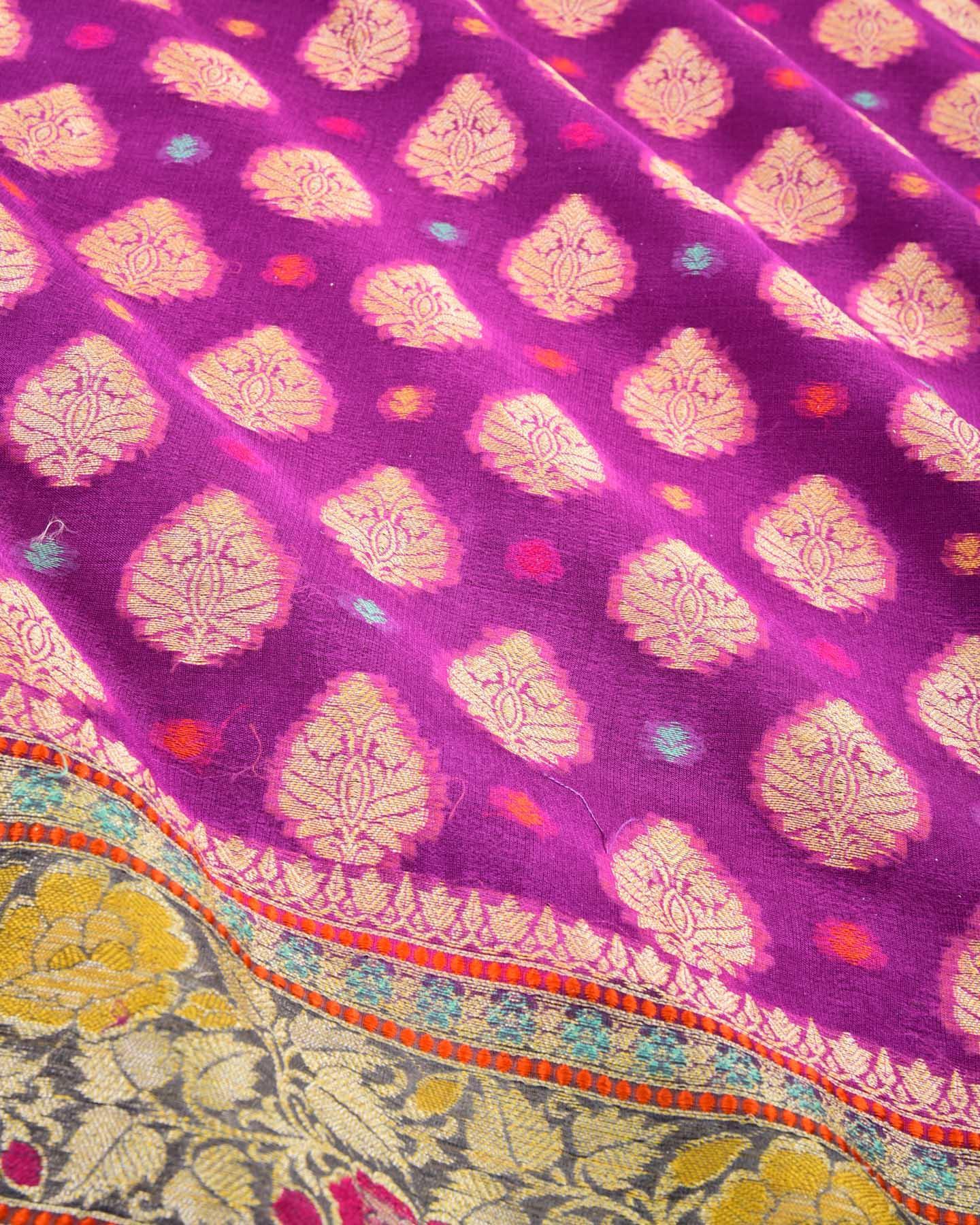 Purple Banarasi Zari & Resham Meena Buti Cutwork Brocade Woven Khaddi Georgette Saree - By HolyWeaves, Benares