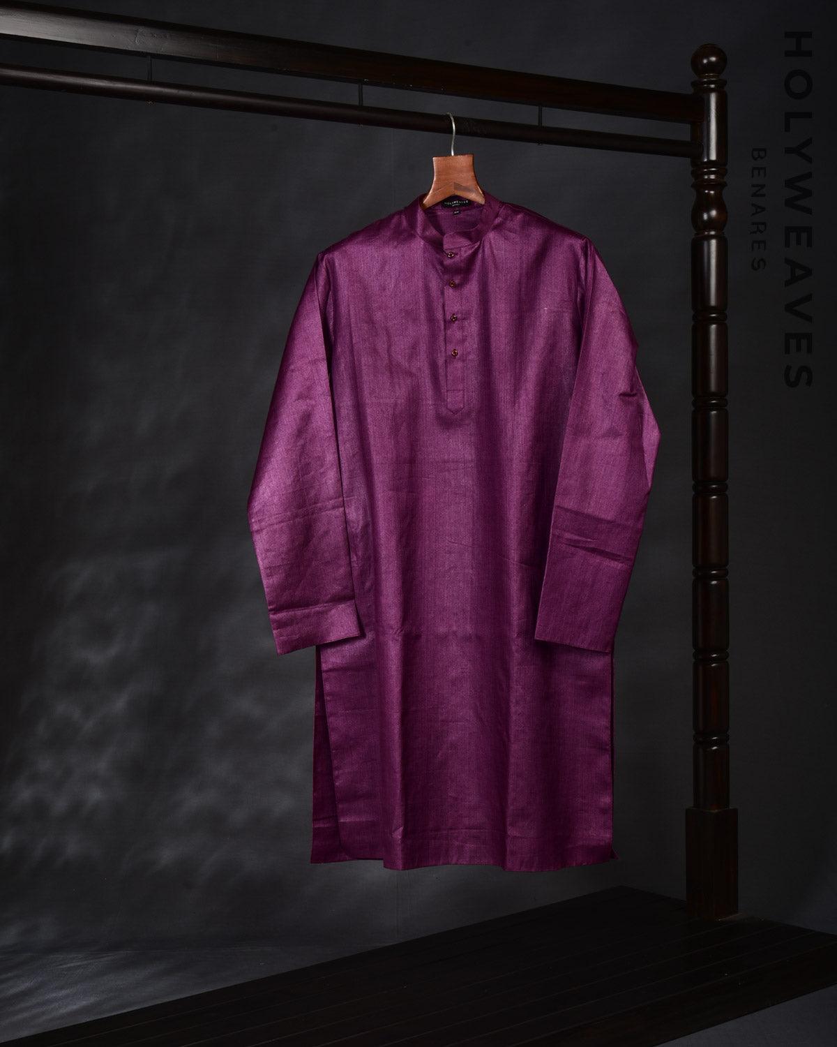 Purple Drill Handwoven Tasar Silk Mens Kurta Pyjama - By HolyWeaves, Benares