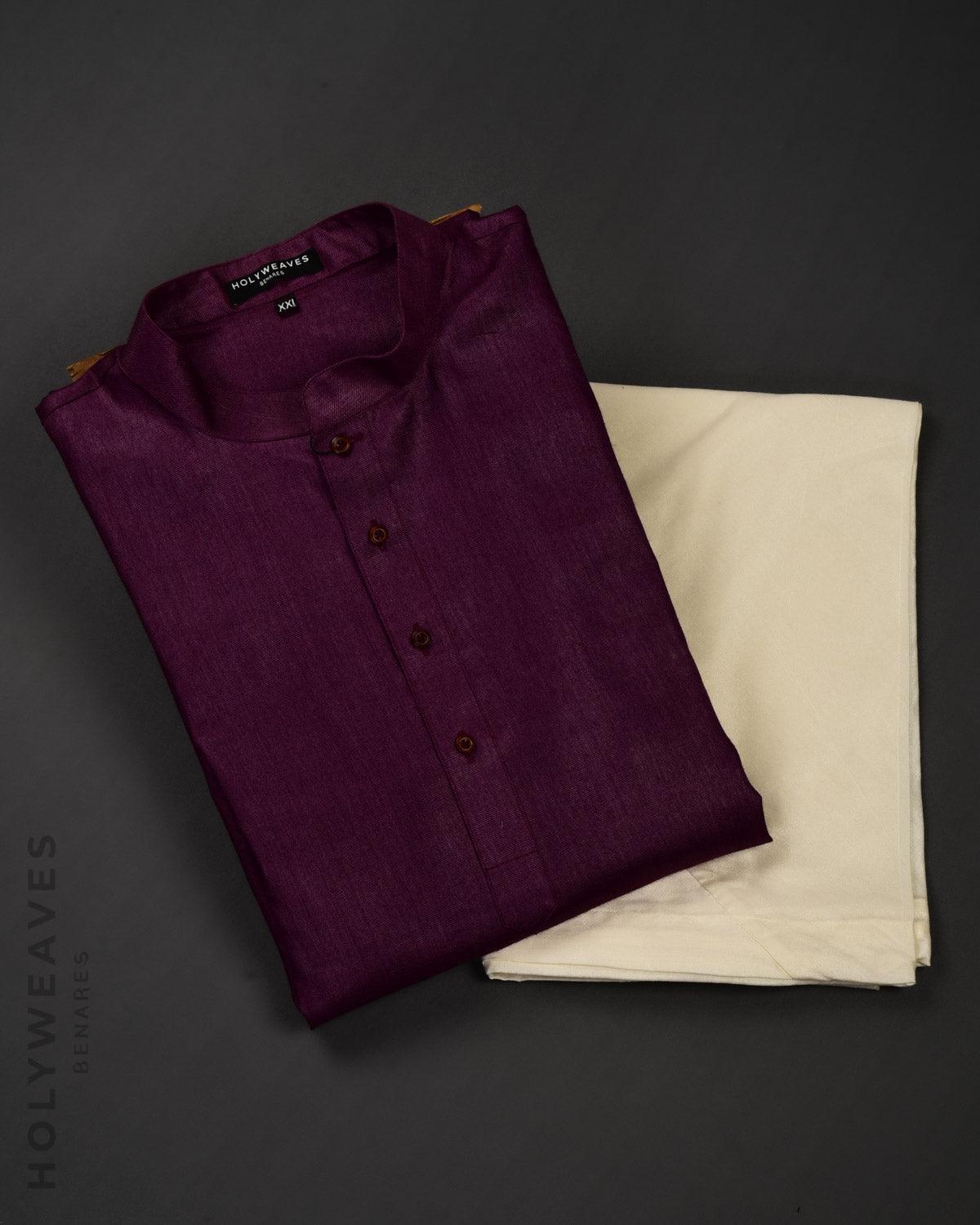 Purple Drill Handwoven Tasar Silk Mens Kurta Pyjama - By HolyWeaves, Benares
