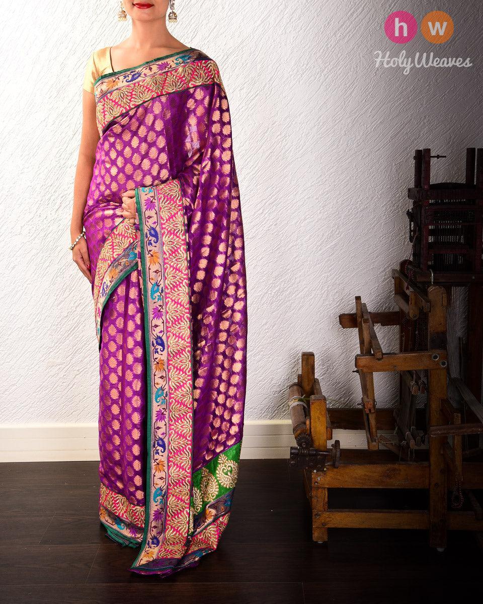 Purple Hand-embroidered Art Silk Saree - By HolyWeaves, Benares