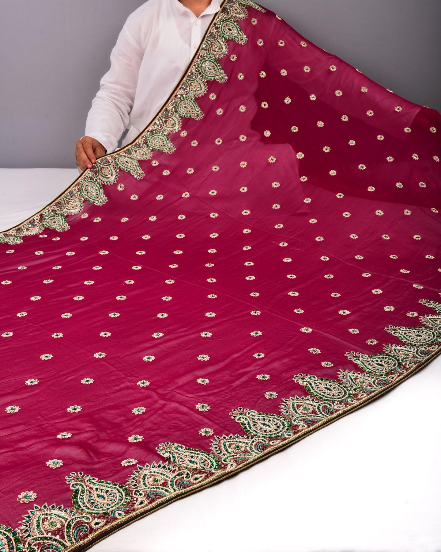 Purple Hand-embroidered Georgette Saree - By HolyWeaves, Benares