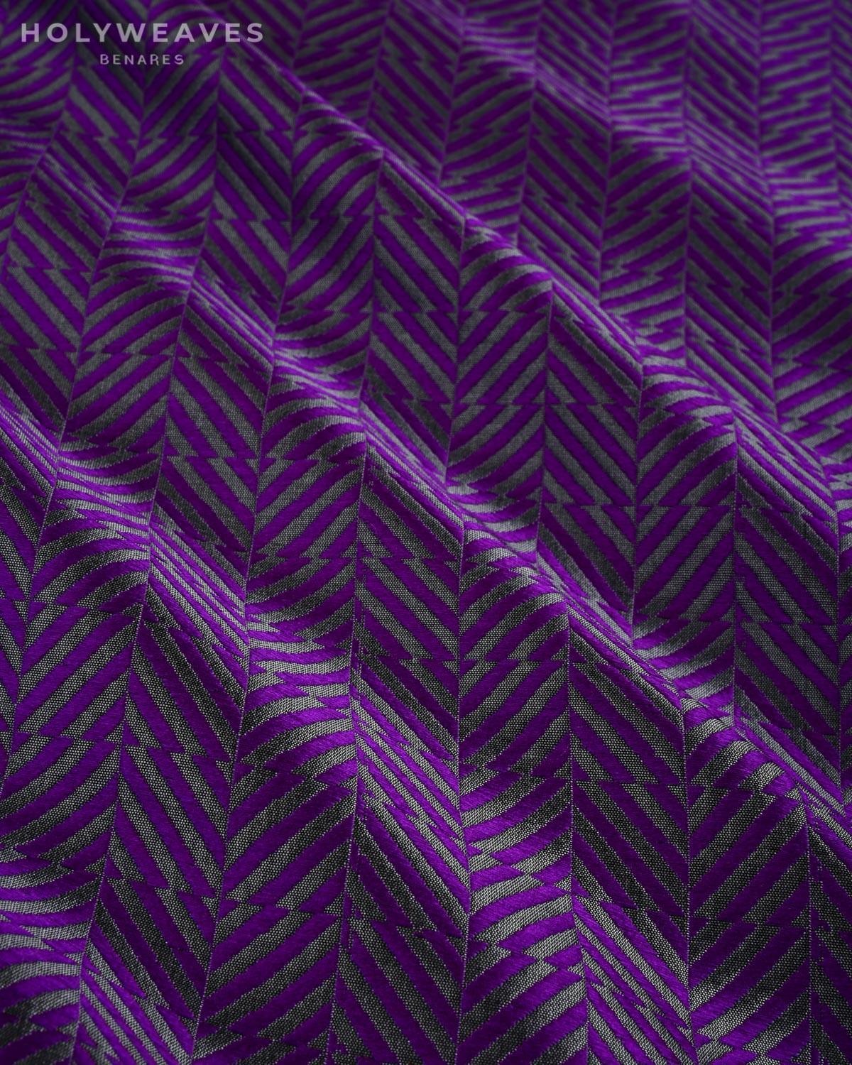 Purple on Gray Banarasi Illusion Grid Tanchoi Handwoven Katan Silk Fabric - By HolyWeaves, Benares