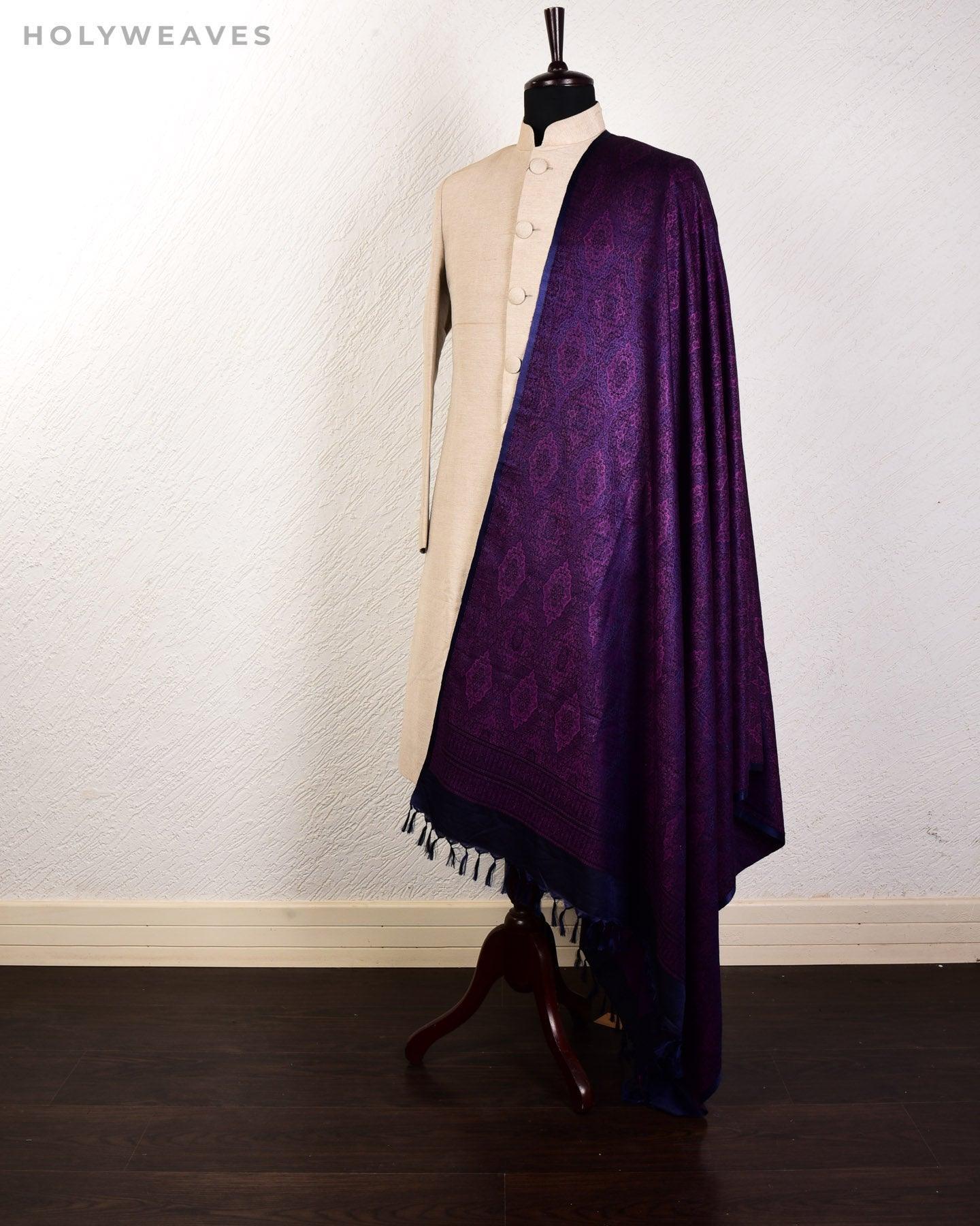 Purple on Navy Blue Banarasi Alfi Damask Jamawar Handwoven Silk-wool Shawl - By HolyWeaves, Benares