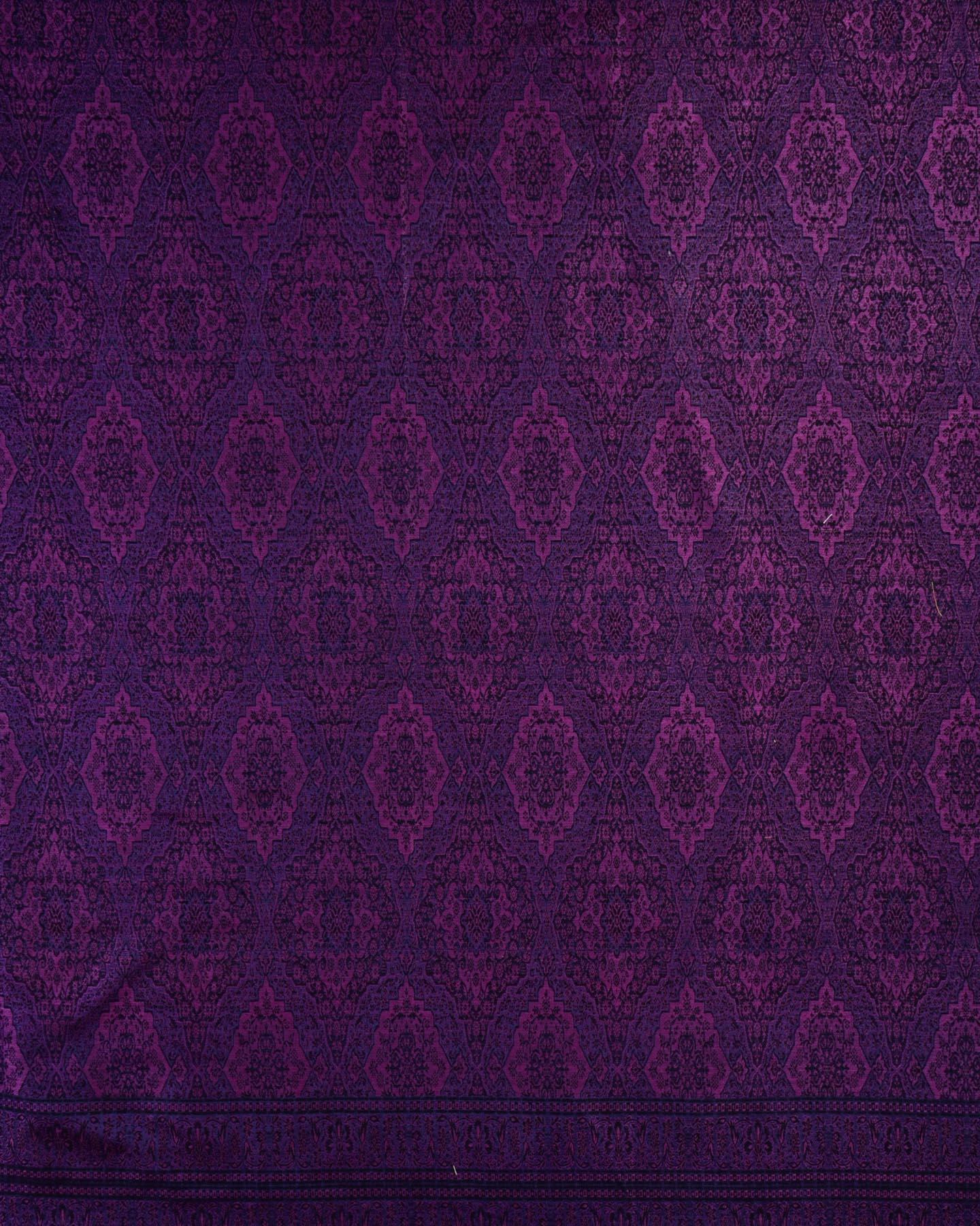Purple on Navy Blue Banarasi Alfi Damask Jamawar Handwoven Silk-wool Shawl - By HolyWeaves, Benares