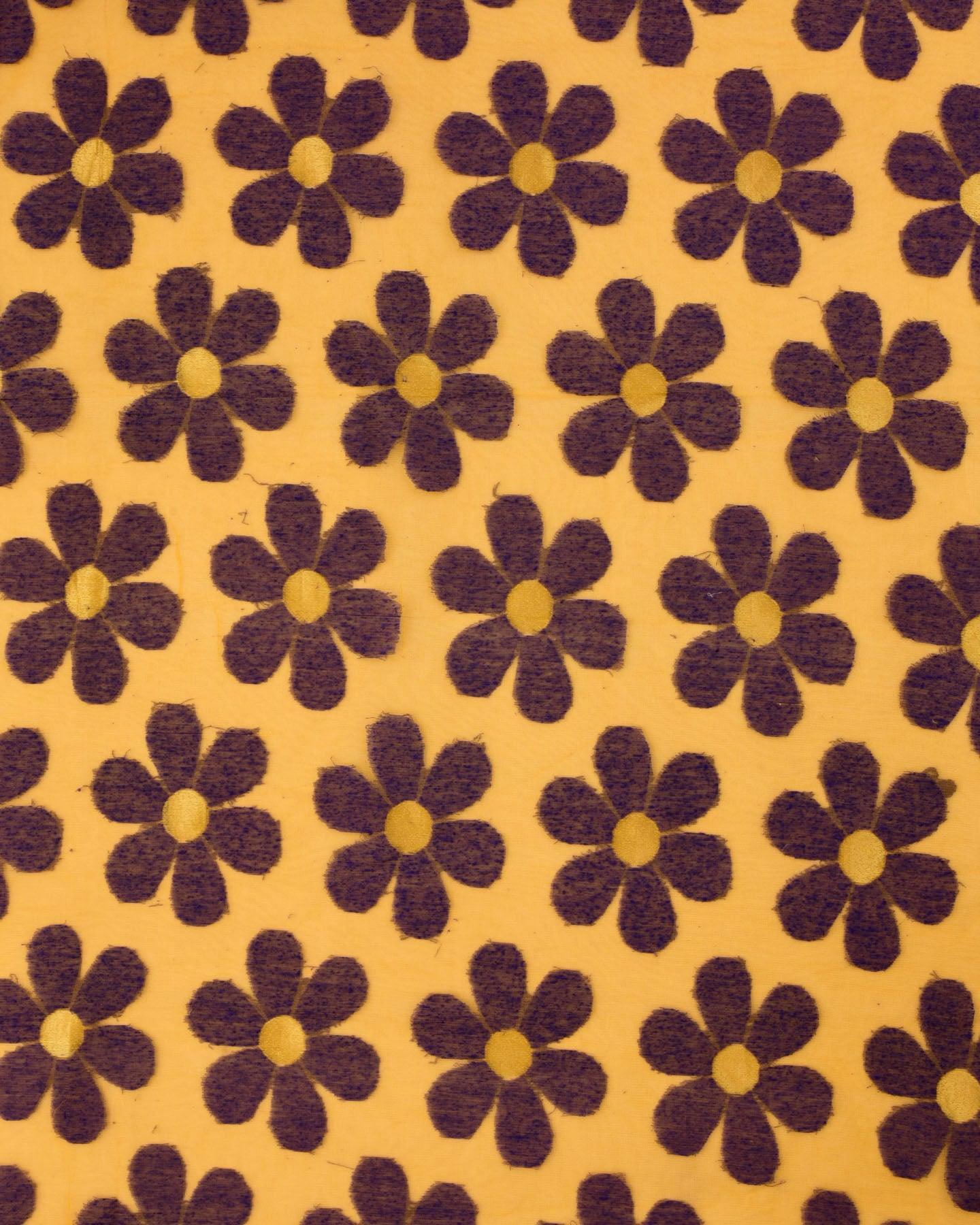 Purple on Yellow Banarasi Floral Buta Resham Cutwork Brocade Woven Net Dupatta - By HolyWeaves, Benares