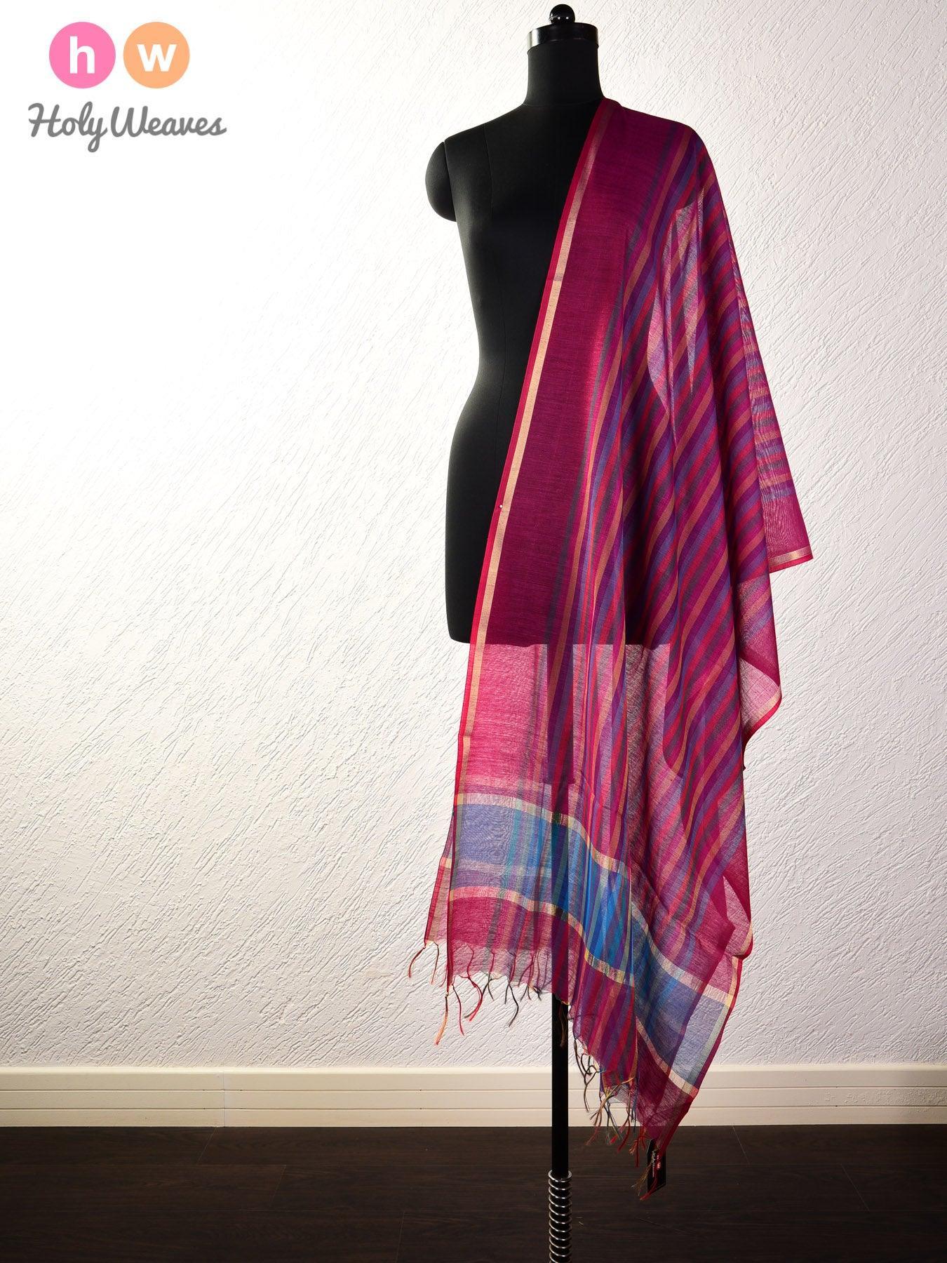 Purple Roman Stripes Woven Cotton Silk Dupatta - By HolyWeaves, Benares