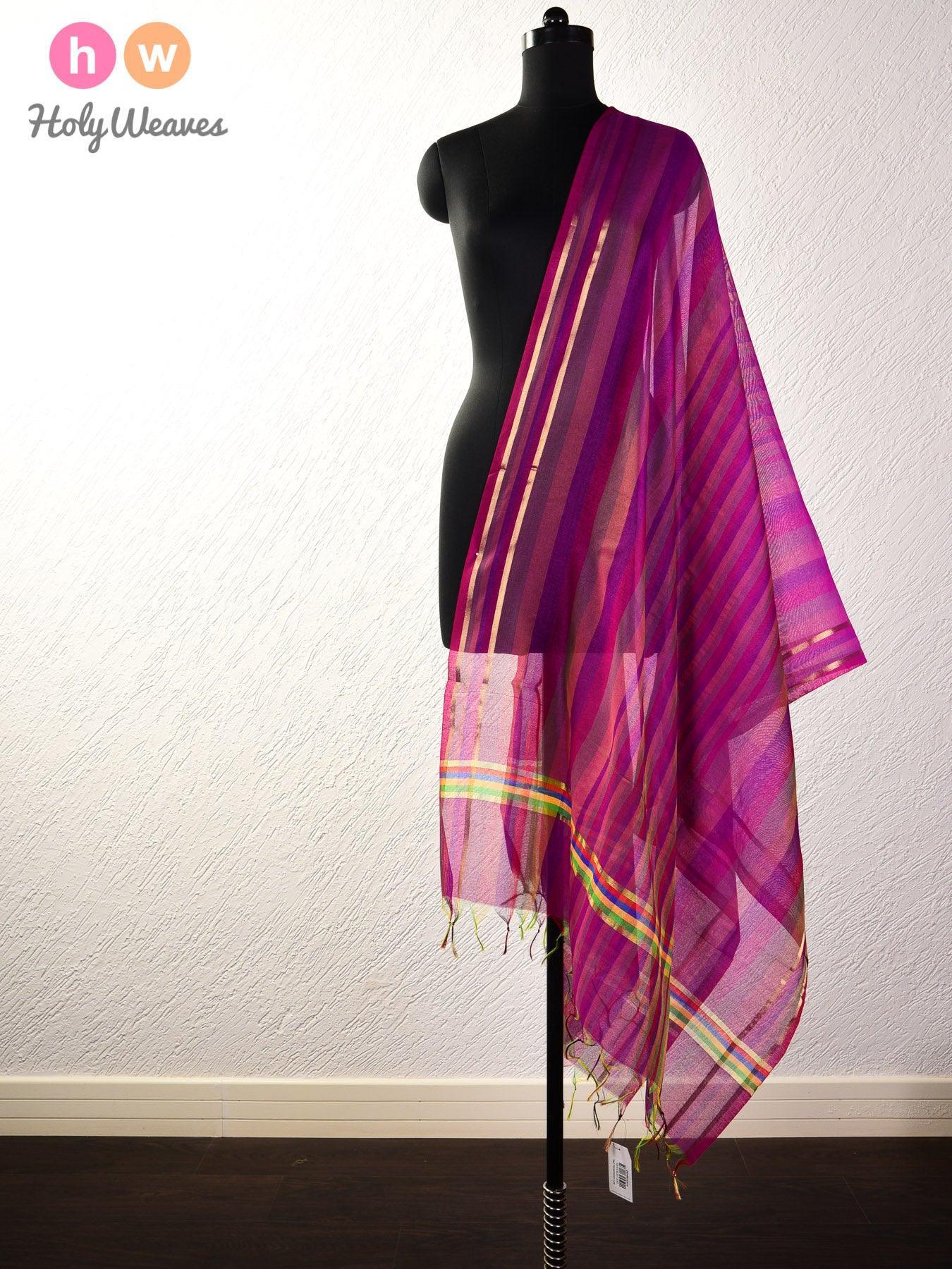Purple Shadow Stripes Woven Poly Cotton Silk Dupatta - By HolyWeaves, Benares