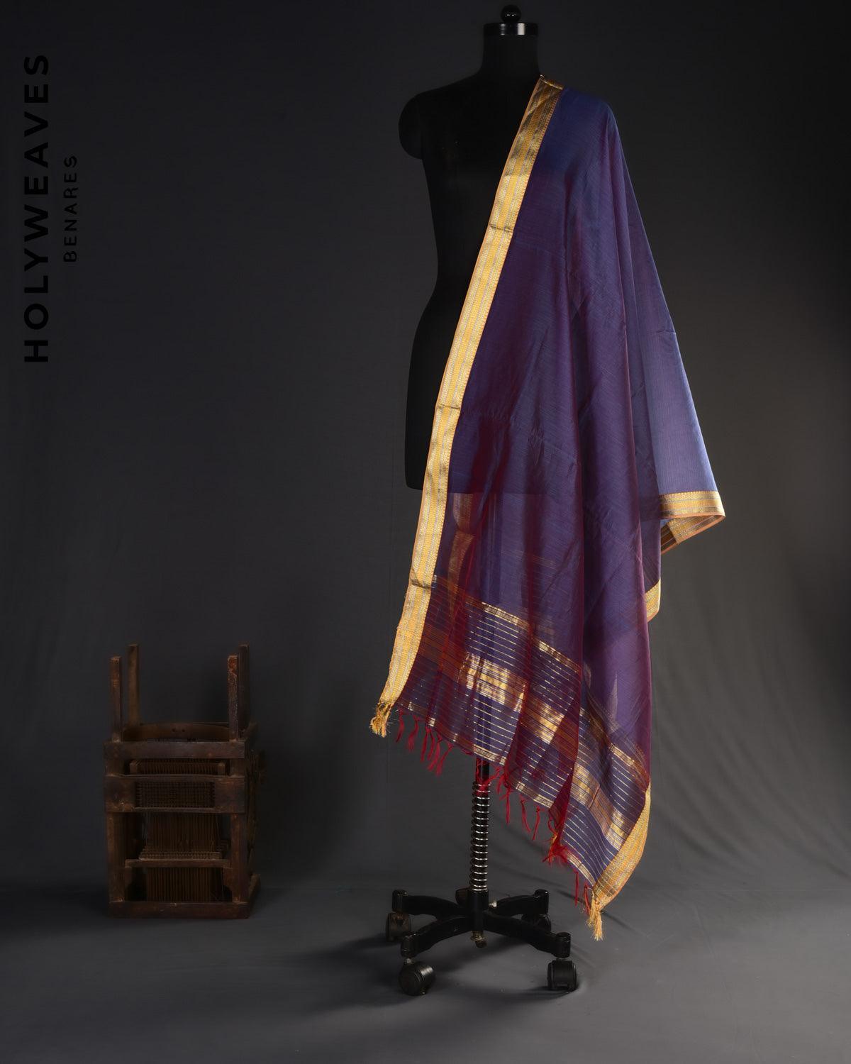 Purple Woven Cotton Silk Dupatta with Brocade Border - By HolyWeaves, Benares