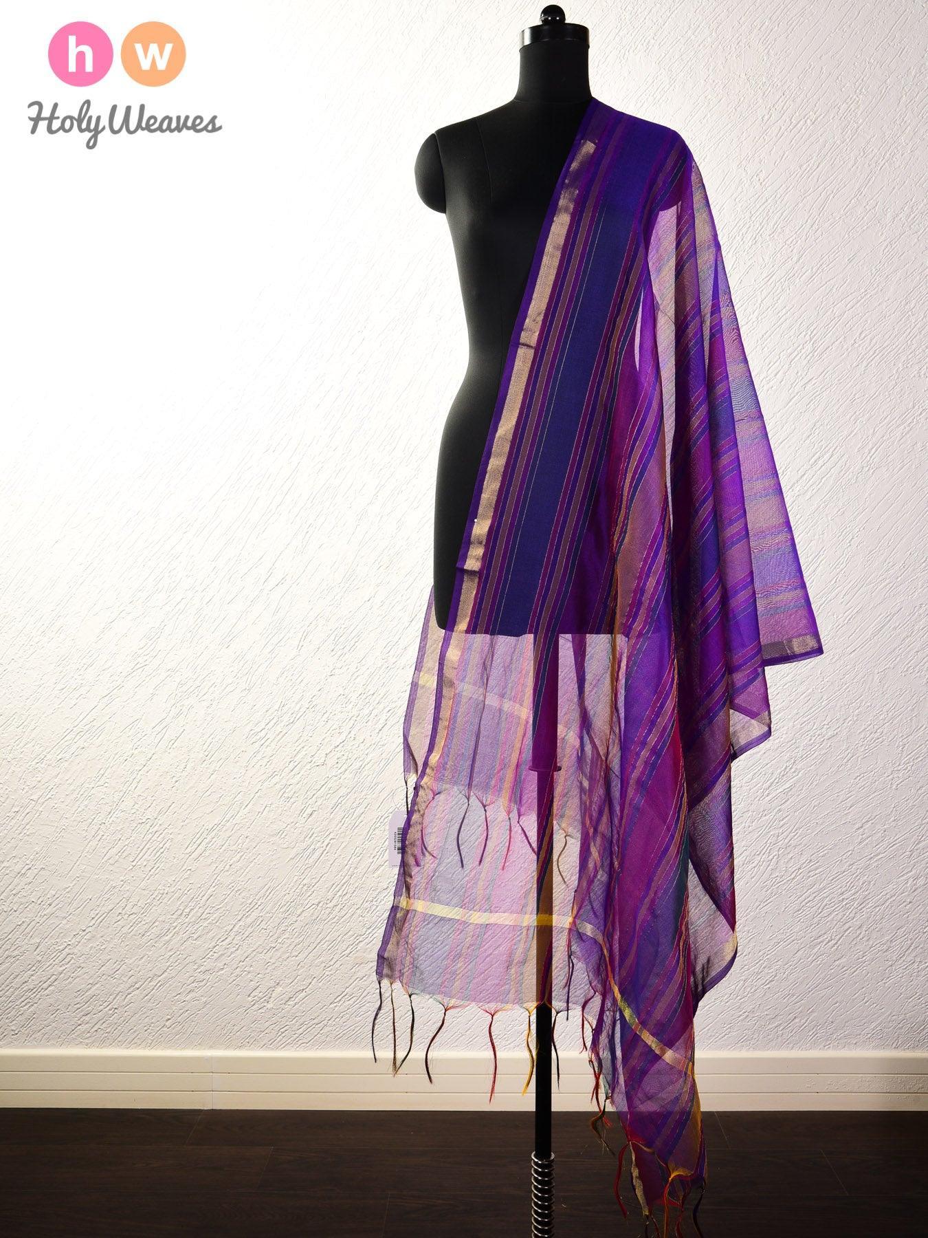 Purple Zari Pin Stripes Woven Poly Cotton Silk Dupatta - By HolyWeaves, Benares