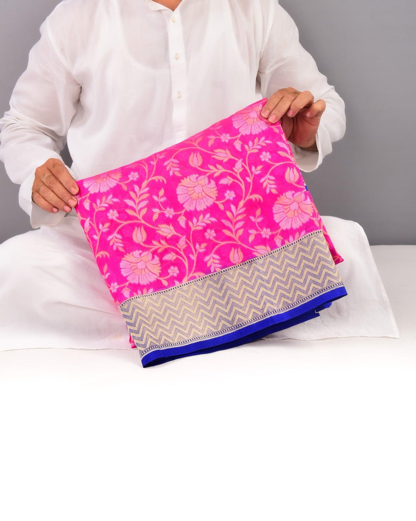 Rani Pink Banarasi Alfi Sona Rupa Jaal Cutwork Brocade Handwoven Kora Silk Saree - By HolyWeaves, Benares