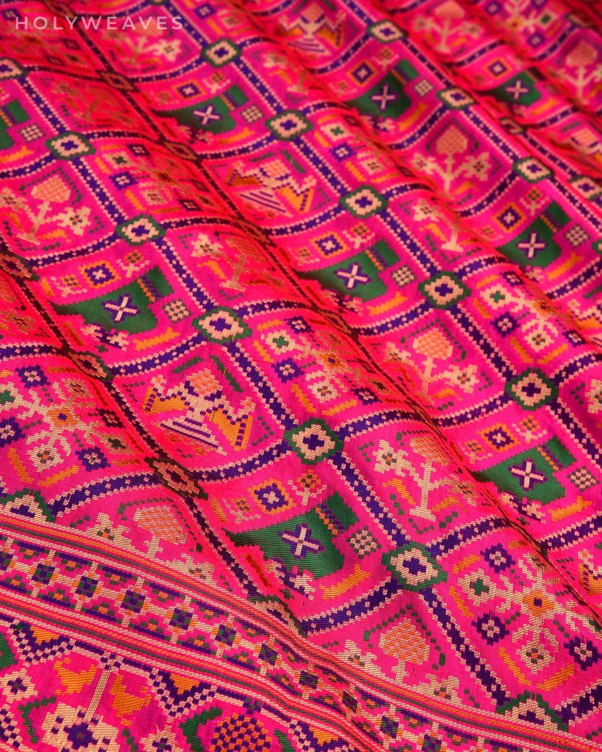 Rani Pink Banarasi Bridal Patola Cutwork Brocade Handwoven Katan Silk Dupatta - By HolyWeaves, Benares