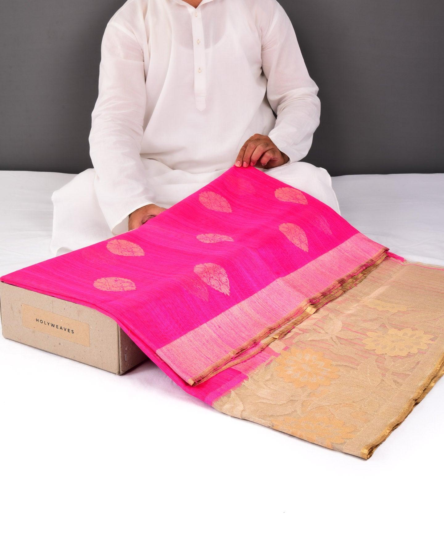Rani Pink Banarasi Buta Kadhuan Brocade Handwoven Raw Silk Net Saree with Kadiyal Tissue Border - By HolyWeaves, Benares