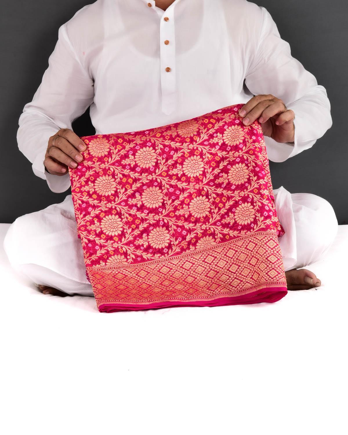 Rani Pink Banarasi Cutwork Brocade Handwoven Khaddi Georgette Saree with White & Yellow Bandhej - By HolyWeaves, Benares