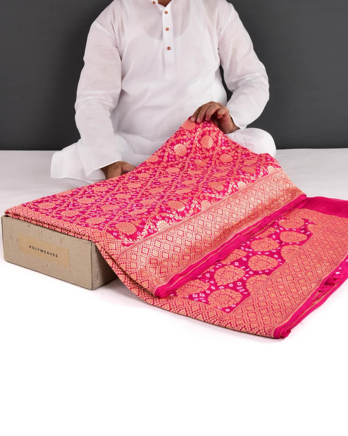 Rani Pink Banarasi Cutwork Brocade Handwoven Khaddi Georgette Saree with White & Yellow Bandhej - By HolyWeaves, Benares