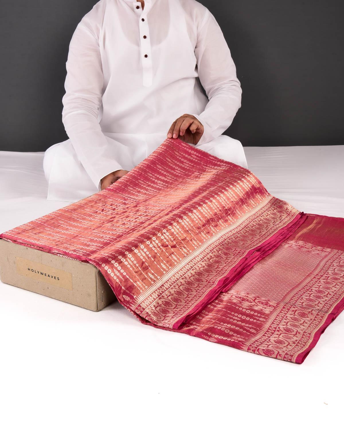 Rani Pink Banarasi Drop Stripes Sona Zari Cutwork Brocade Handwoven Kora Tissue Saree - By HolyWeaves, Benares