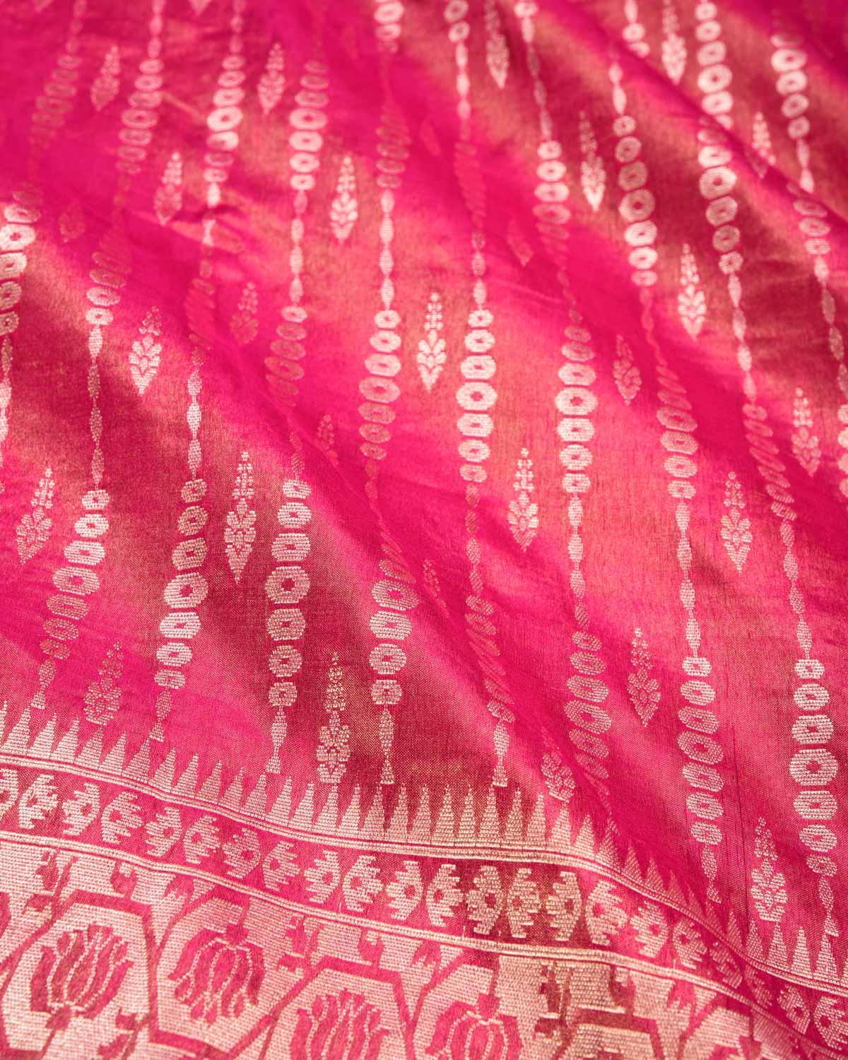 Rani Pink Banarasi Drop Stripes Sona Zari Cutwork Brocade Handwoven Kora Tissue Saree - By HolyWeaves, Benares