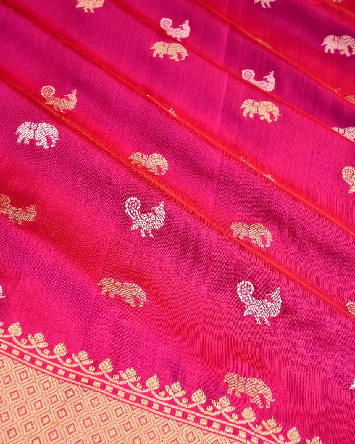 Rani Pink Banarasi Elephant & Peacock Buti Gold & Silver Zari Kadhuan Brocade Handwoven Katan Silk Saree - By HolyWeaves, Benares