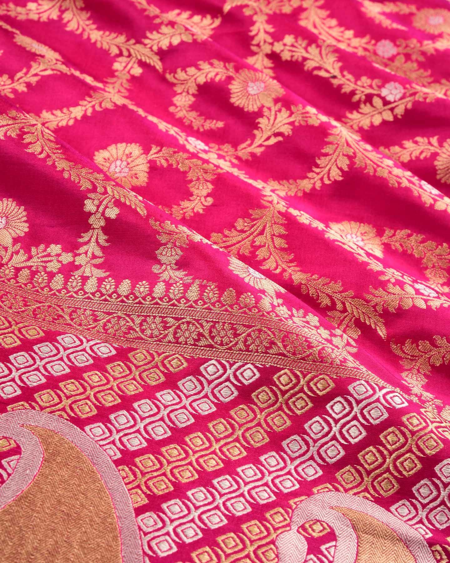 Rani Pink Banarasi Floral Jaal Alfi Sona-Rupa Zari Cutwork Brocade Handwoven Katan Silk Dupatta - By HolyWeaves, Benares