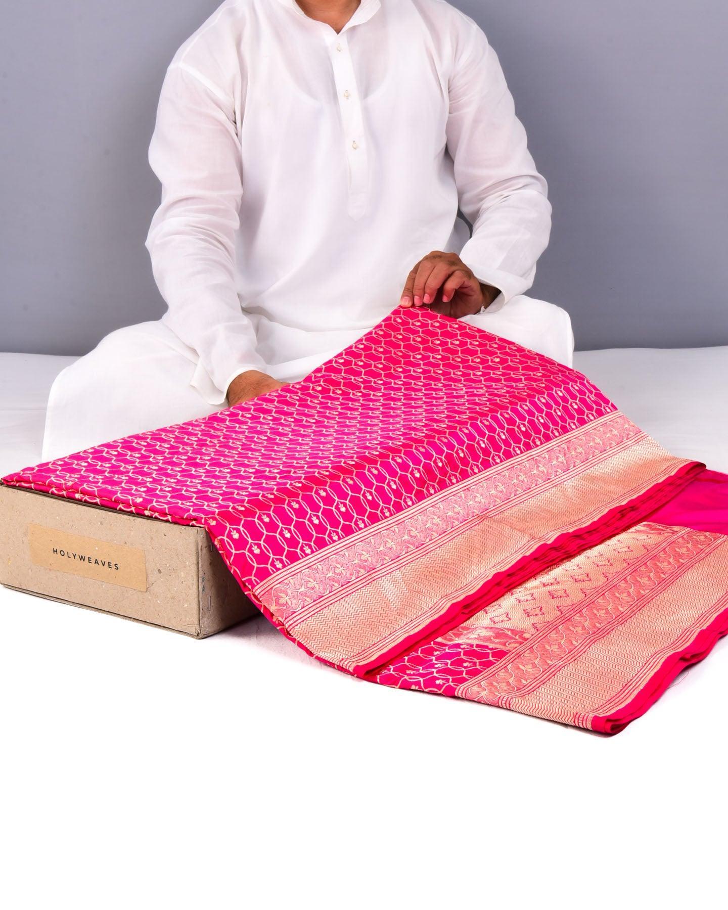 Rani Pink Banarasi Geometric Jangla Cutwork Brocade Handwoven Katan Silk Saree - By HolyWeaves, Benares