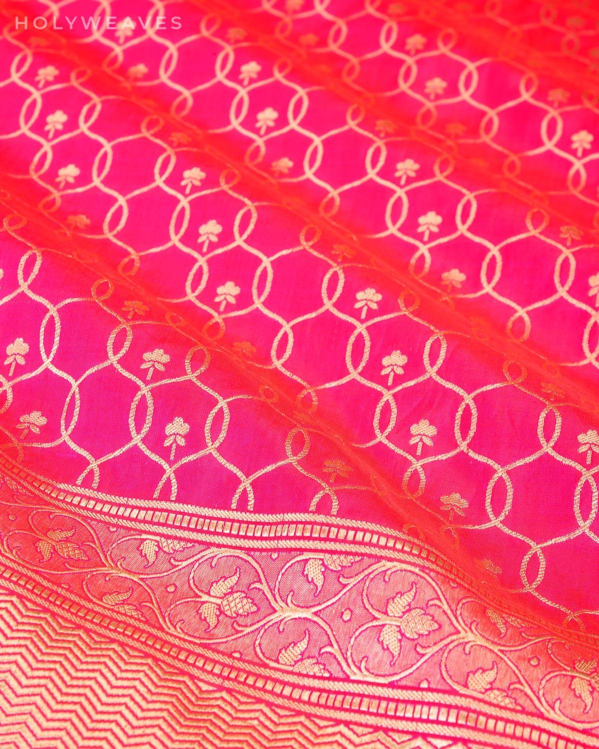 Rani Pink Banarasi Geometric Jangla Cutwork Brocade Handwoven Katan Silk Saree - By HolyWeaves, Benares