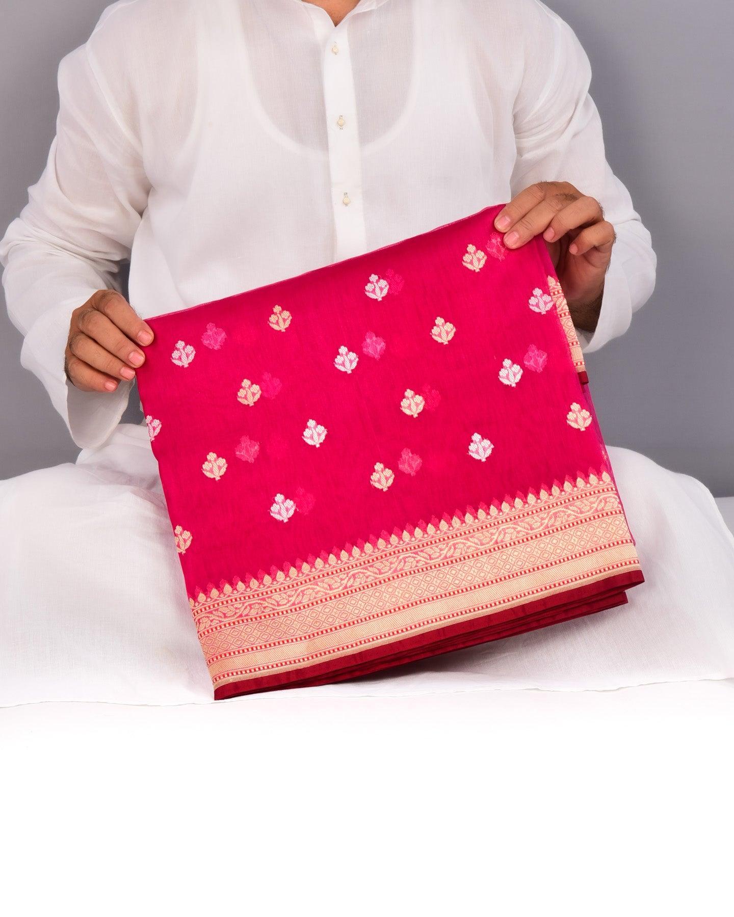 Rani Pink Banarasi Gold & Silver Buti Kadhuan Brocade Handwoven Kora Silk Saree - By HolyWeaves, Benares