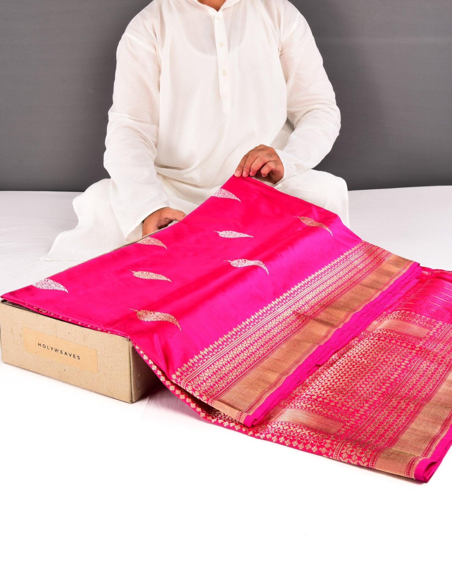 Rani Pink Banarasi Gold & Silver Leaf Buta Kadhuan Brocade Handwoven Katan Silk Saree - By HolyWeaves, Benares