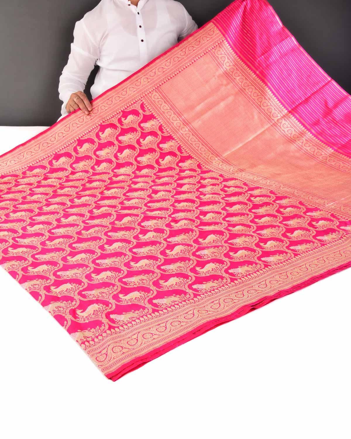 Rani Pink Banarasi Gold & Silver Zari "Sher Aur Shikaar" Kadhuan Jaal Handwoven Katan Silk Saree - By HolyWeaves, Benares