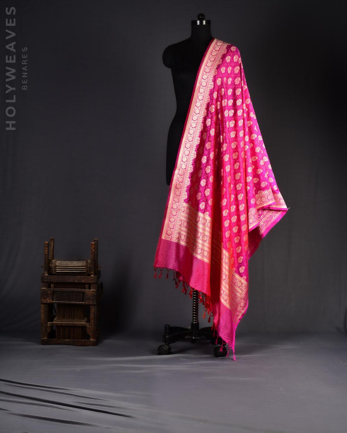 Rani Pink Banarasi Gold Zari Buti Cutwork Brocade Handwoven Katan Silk Dupatta - By HolyWeaves, Benares