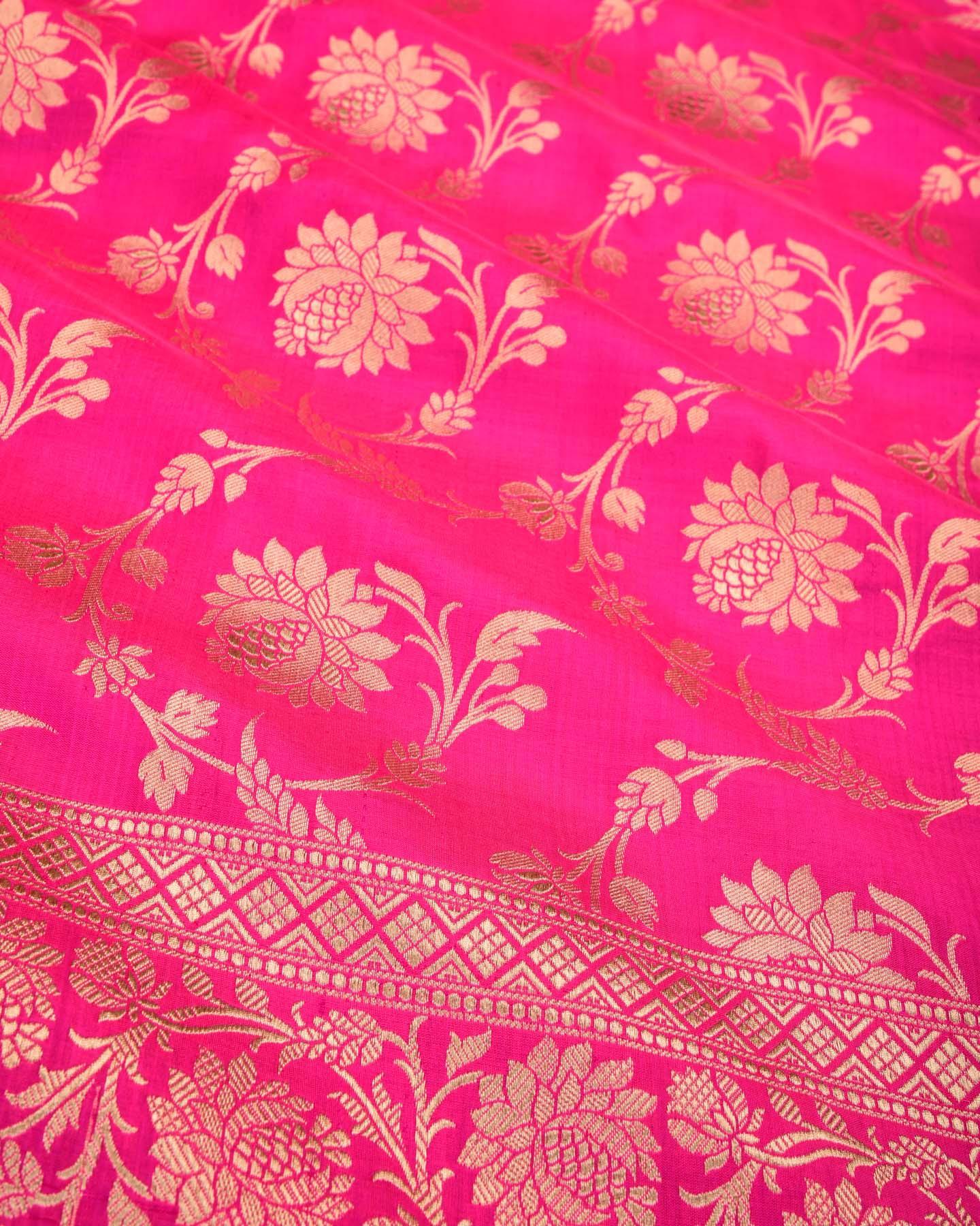 Rani Pink Banarasi Gold Zari Jaal Cutwork Brocade Handwoven Katan Silk Saree - By HolyWeaves, Benares