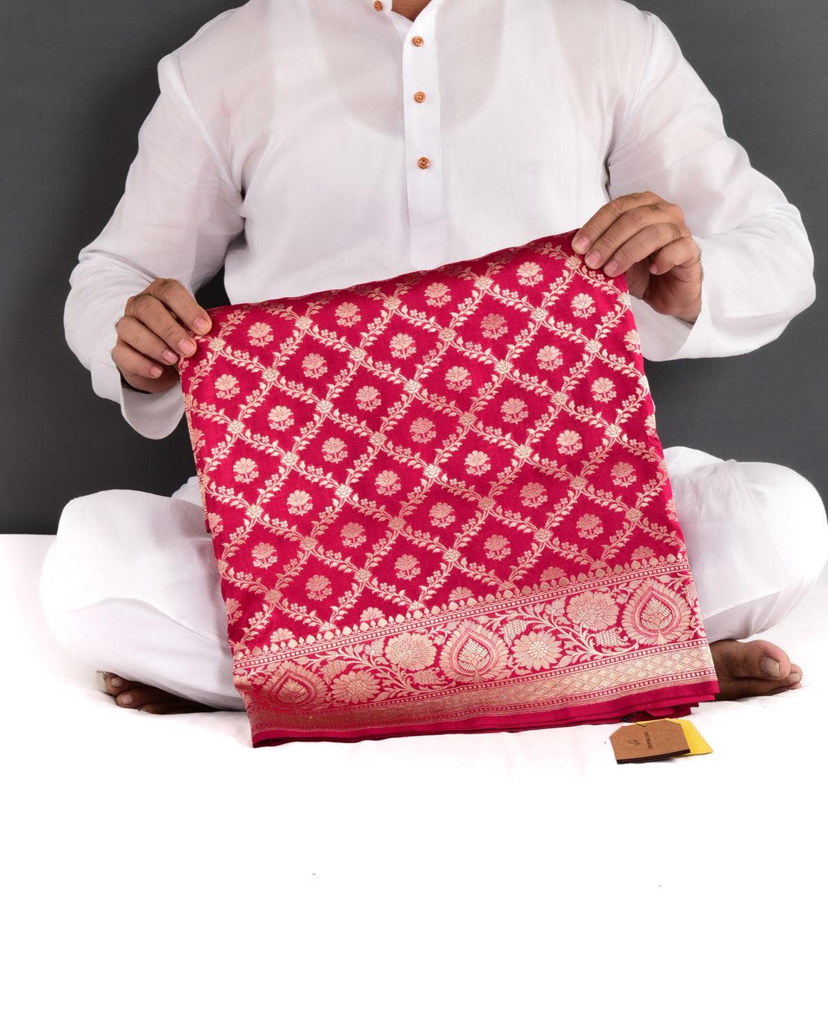 Rani Pink Banarasi Gold Zari Jangla Buti Cutwork Brocade Handwoven Katan Silk Saree - By HolyWeaves, Benares