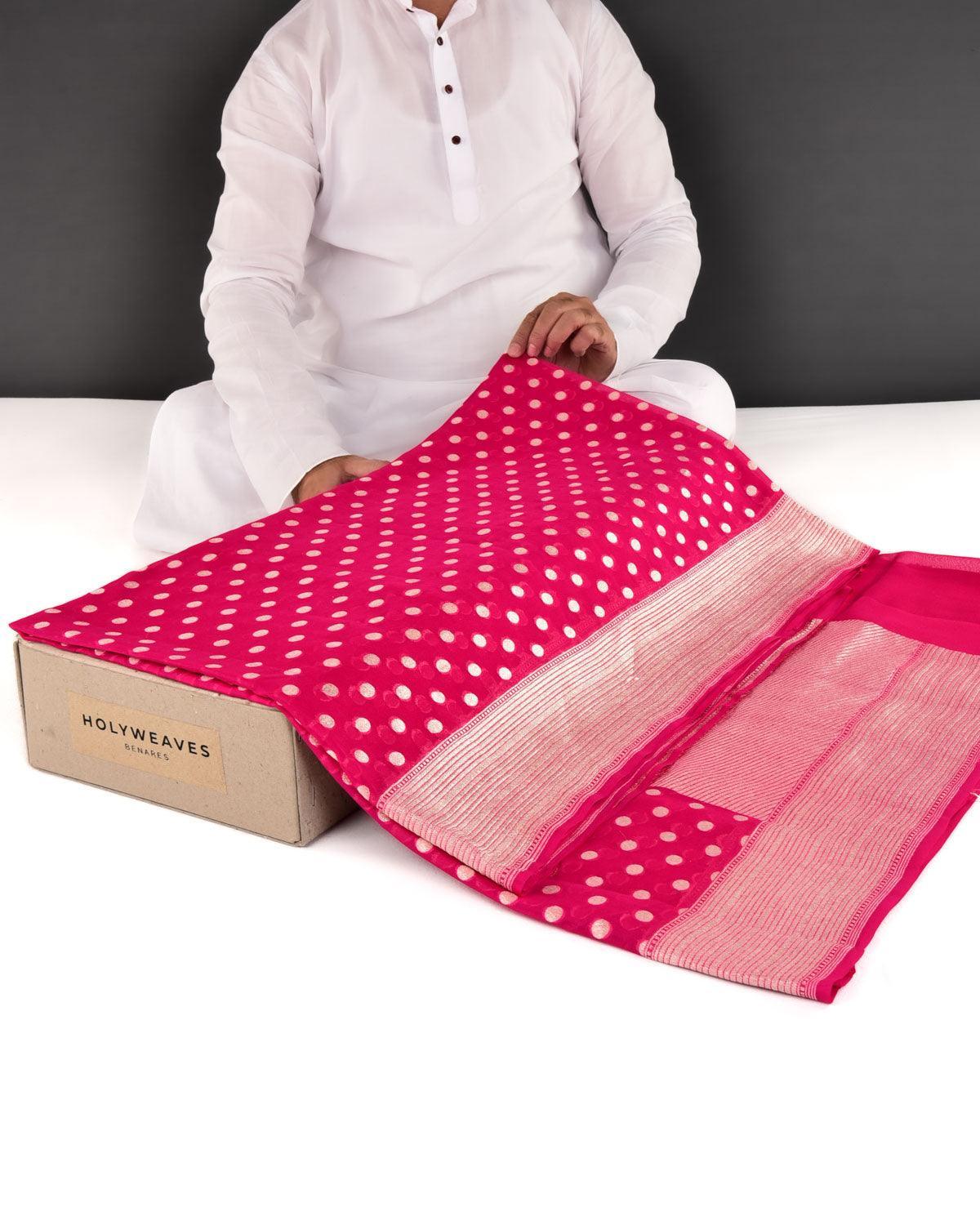 Rani Pink Banarasi Gold Zari Polka Dots Cutwork Brocade Handwoven Khaddi Georgette Saree - By HolyWeaves, Benares