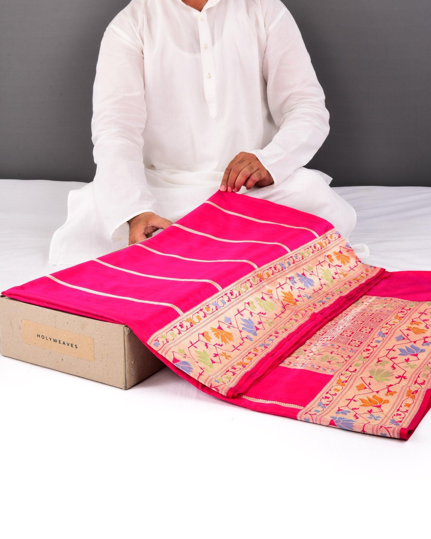 Rani Pink Banarasi Gold Zari Stripes Kadhuan Brocade Handwoven Katan Silk Saree with Meenekaari Border Pallu - By HolyWeaves, Benares