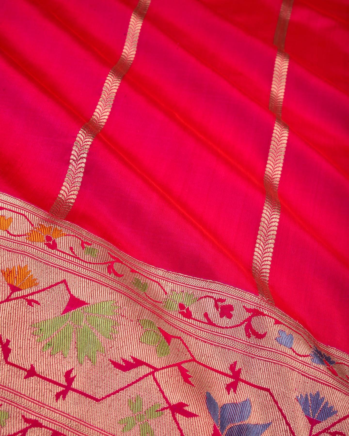 Rani Pink Banarasi Gold Zari Stripes Kadhuan Brocade Handwoven Katan Silk Saree with Meenekaari Border Pallu - By HolyWeaves, Benares