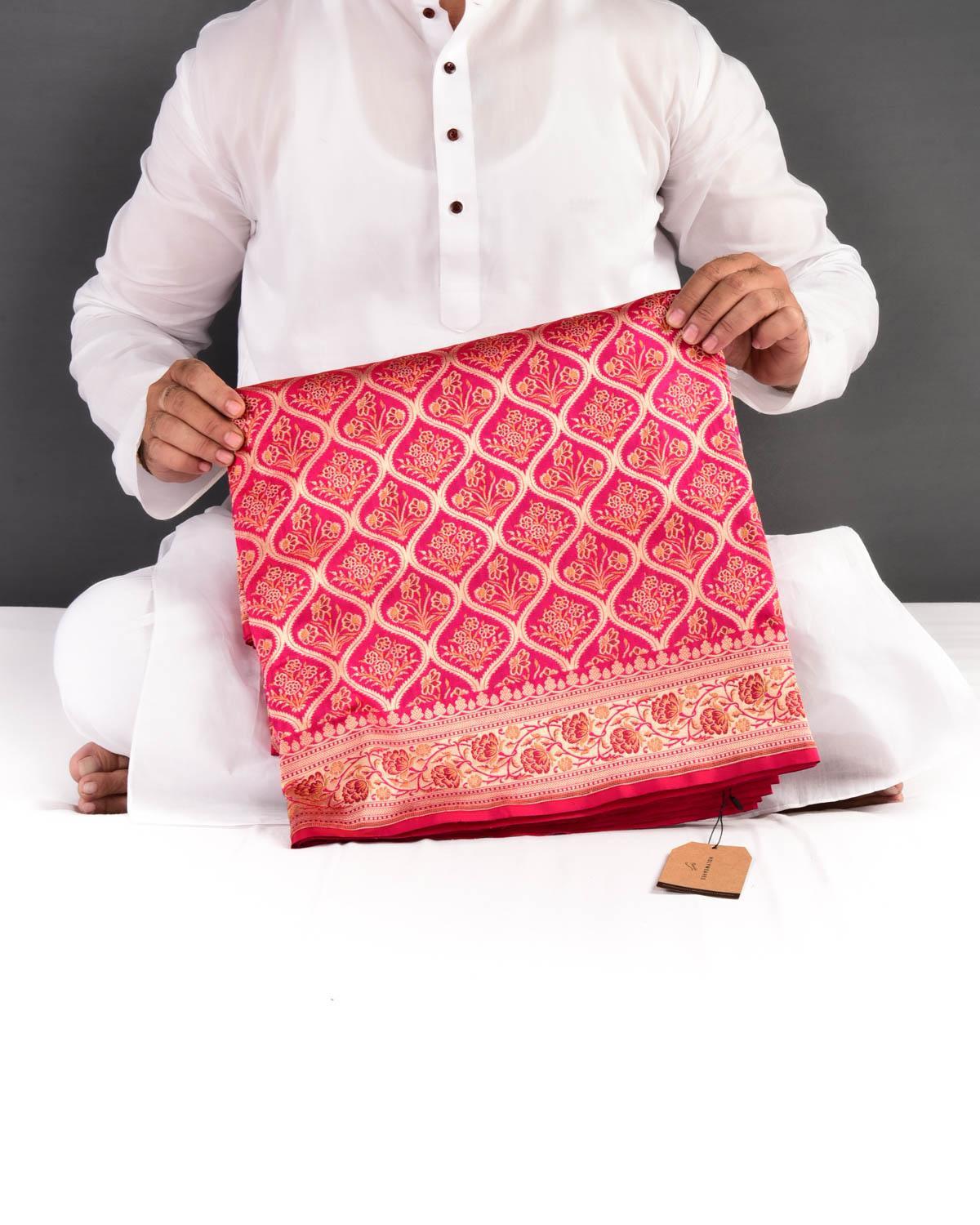Rani Pink Banarasi Jharokha Tehra Gold Zari Cutwork Brocade Handwoven Katan Silk Saree - By HolyWeaves, Benares