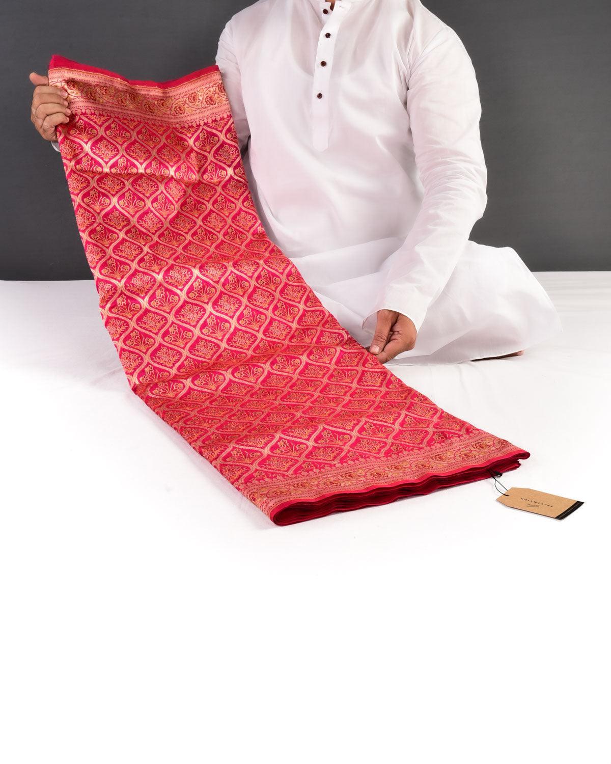 Rani Pink Banarasi Jharokha Tehra Gold Zari Cutwork Brocade Handwoven Katan Silk Saree - By HolyWeaves, Benares