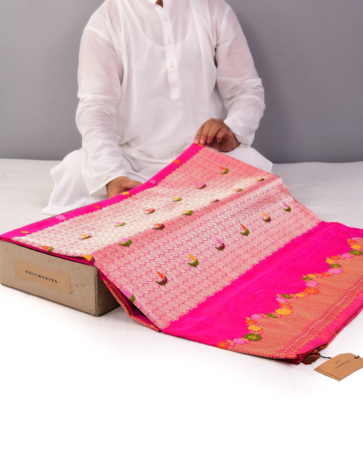 Rani Pink Banarasi "Kashti" Kadhuan Brocade Handwoven Katan Silk Saree - By HolyWeaves, Benares