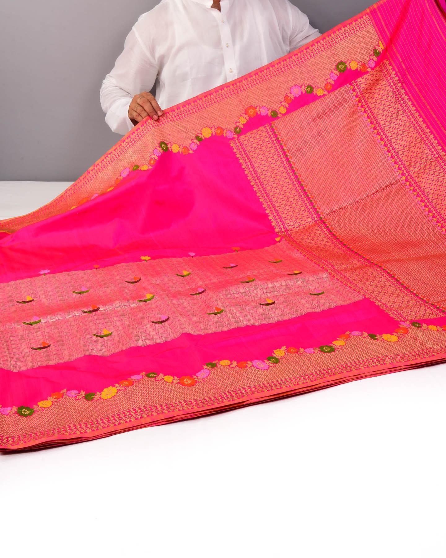 Rani Pink Banarasi "Kashti" Kadhuan Brocade Handwoven Katan Silk Saree - By HolyWeaves, Benares