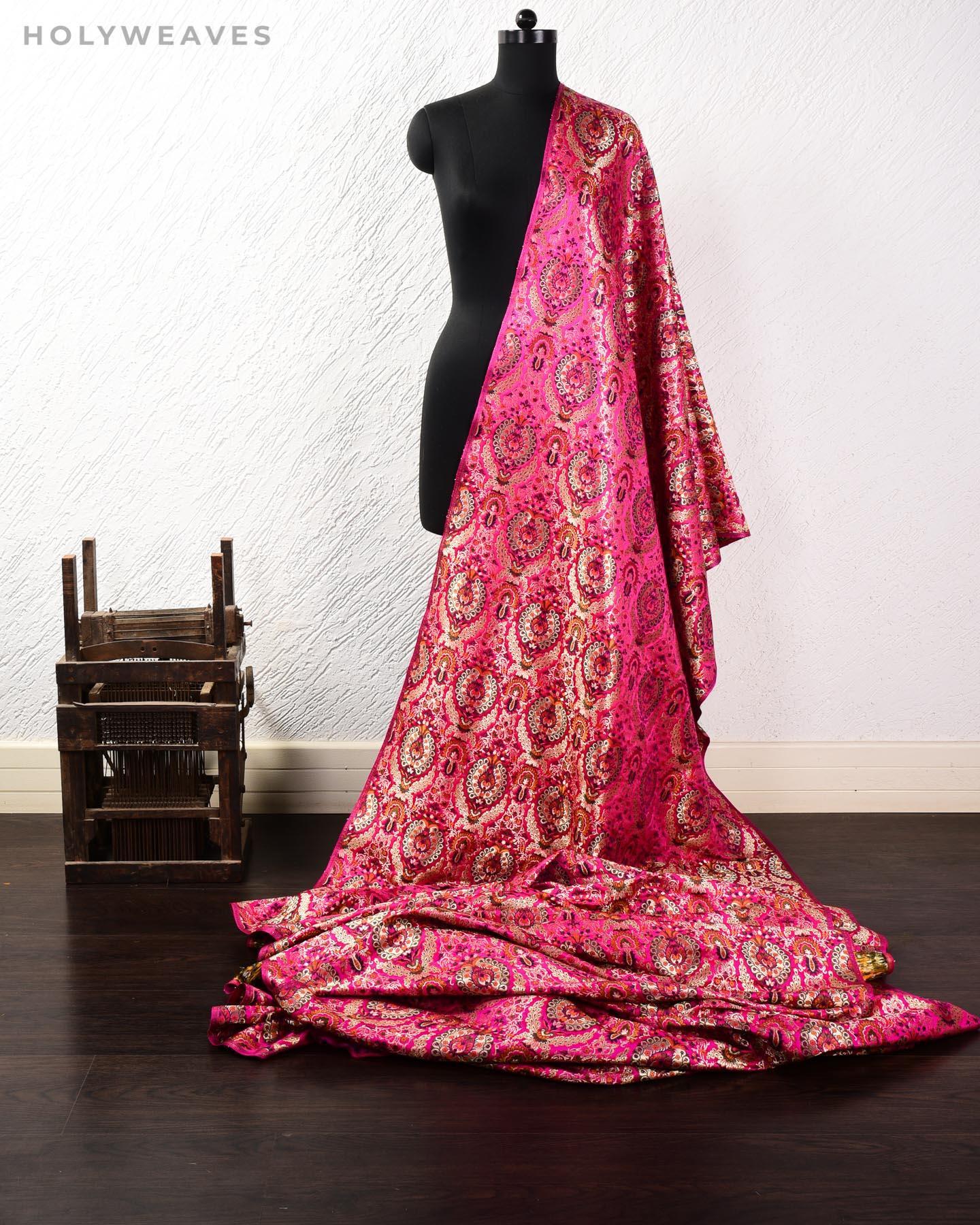 Rani Pink Banarasi Kimkhwab Brocade Handwoven Viscose Silk Fabric - By HolyWeaves, Benares