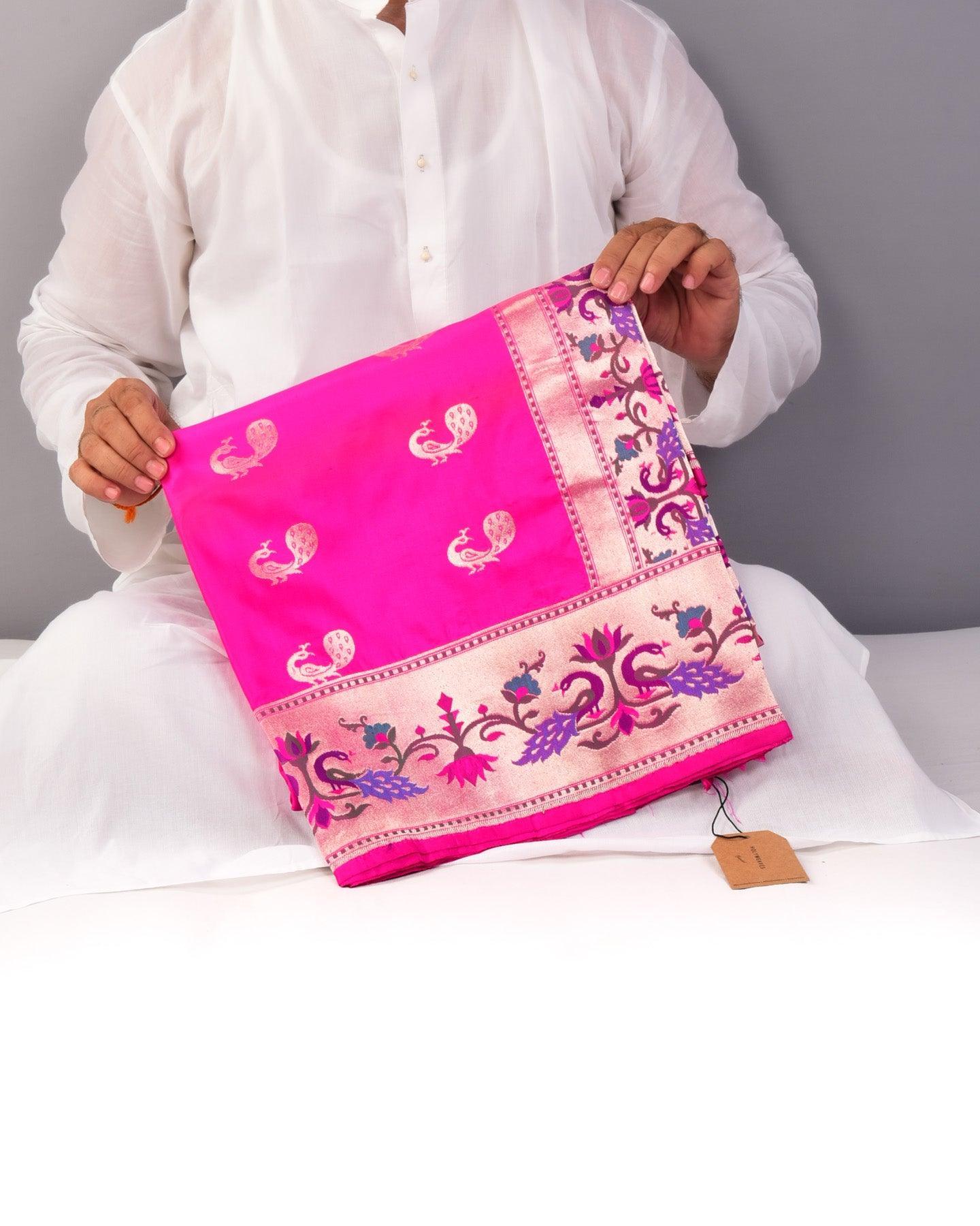 Rani Pink Banarasi Mor Paithani Handwoven Katan Silk Saree - By HolyWeaves, Benares