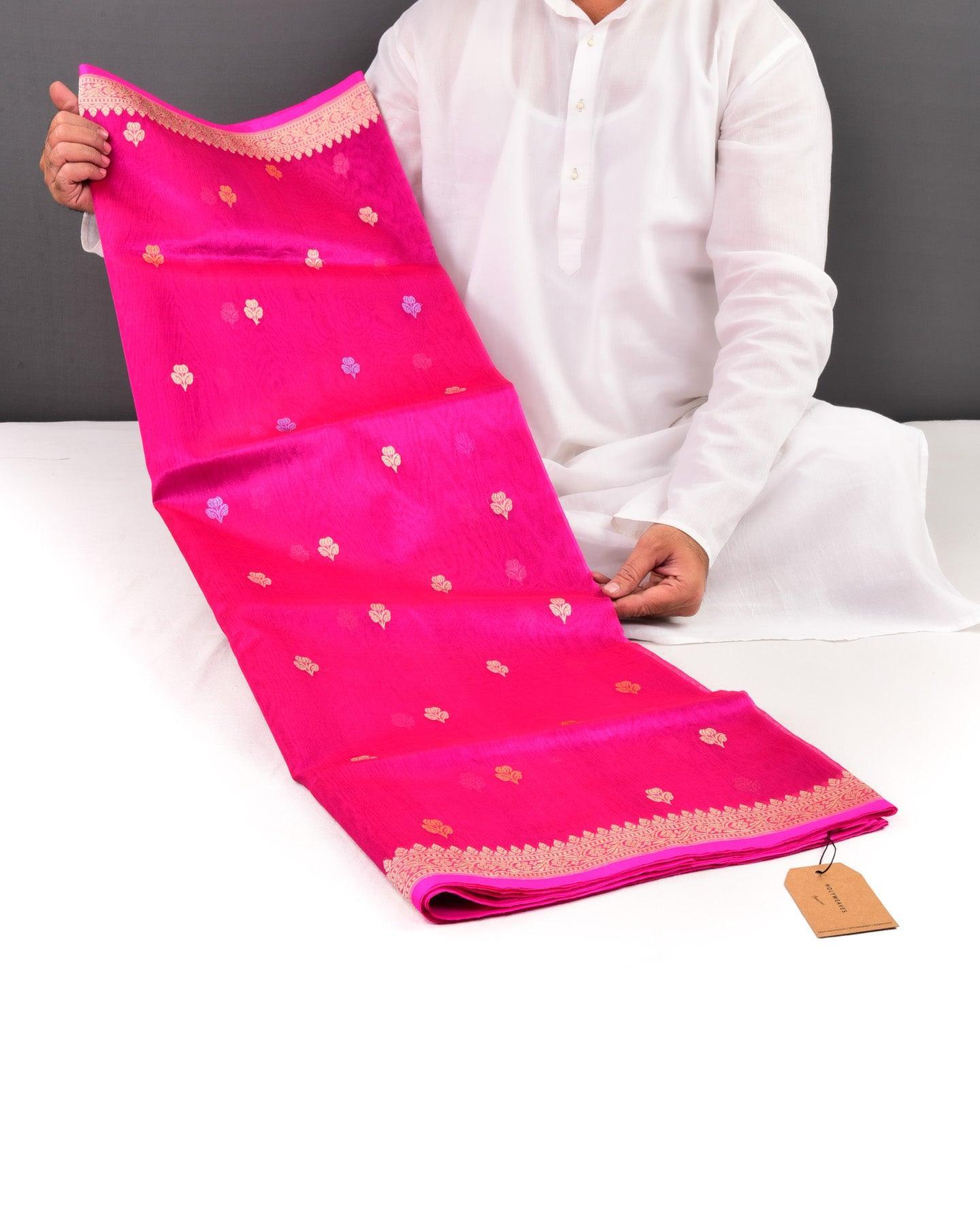 Rani Pink Banarasi Multi-color Butis Kadhuan Brocade Handwoven Kora Silk Saree - By HolyWeaves, Benares