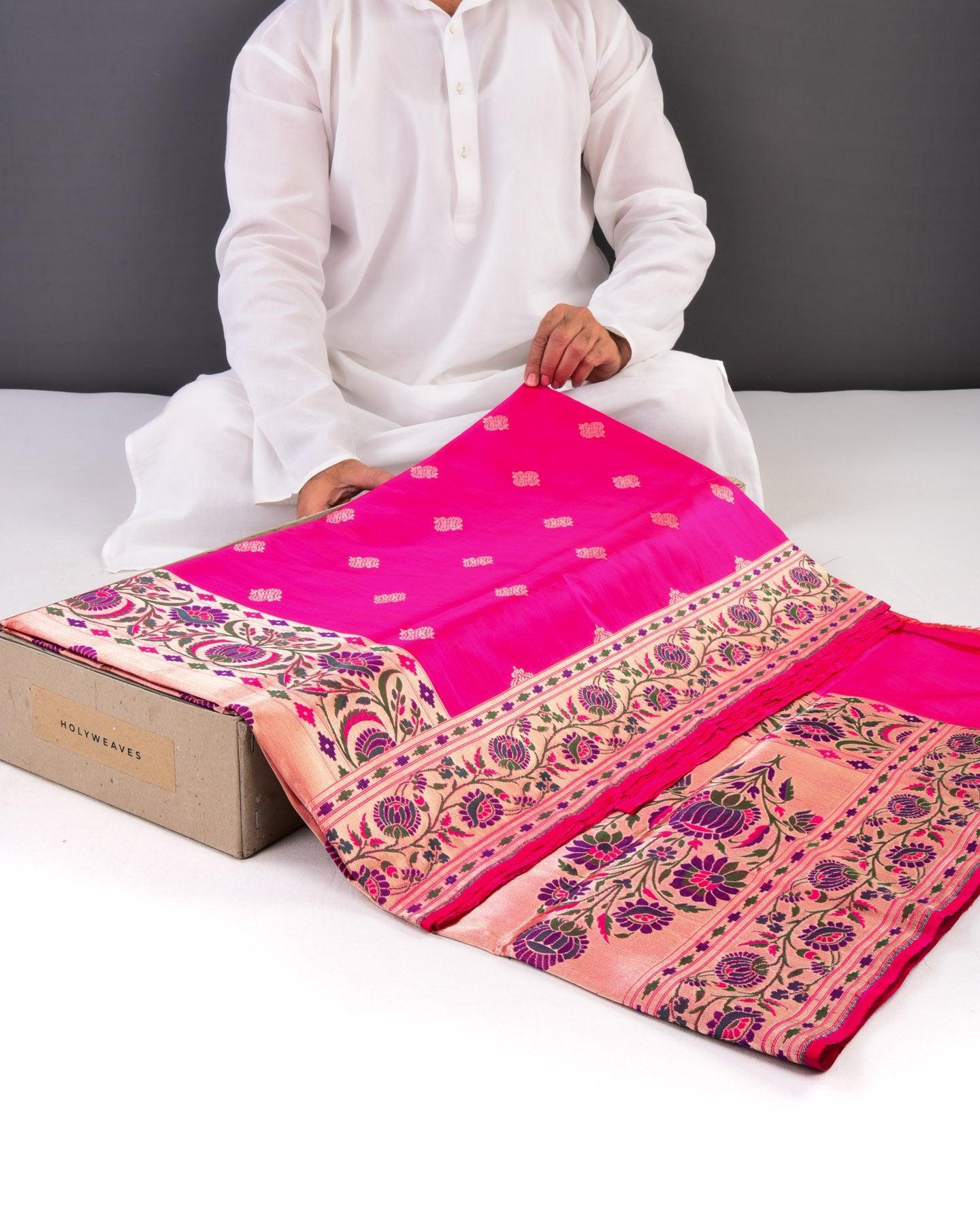 Rani Pink Banarasi Paithani Brocade Handwoven Katan Silk Saree - By HolyWeaves, Benares