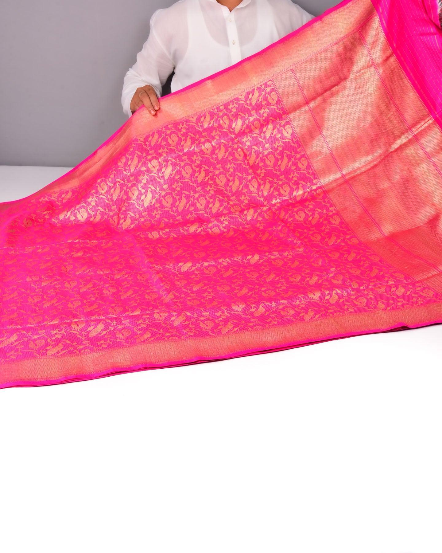 Rani Pink Banarasi Peacocks Shikargah Brocade Handwoven Katan Silk Saree - By HolyWeaves, Benares