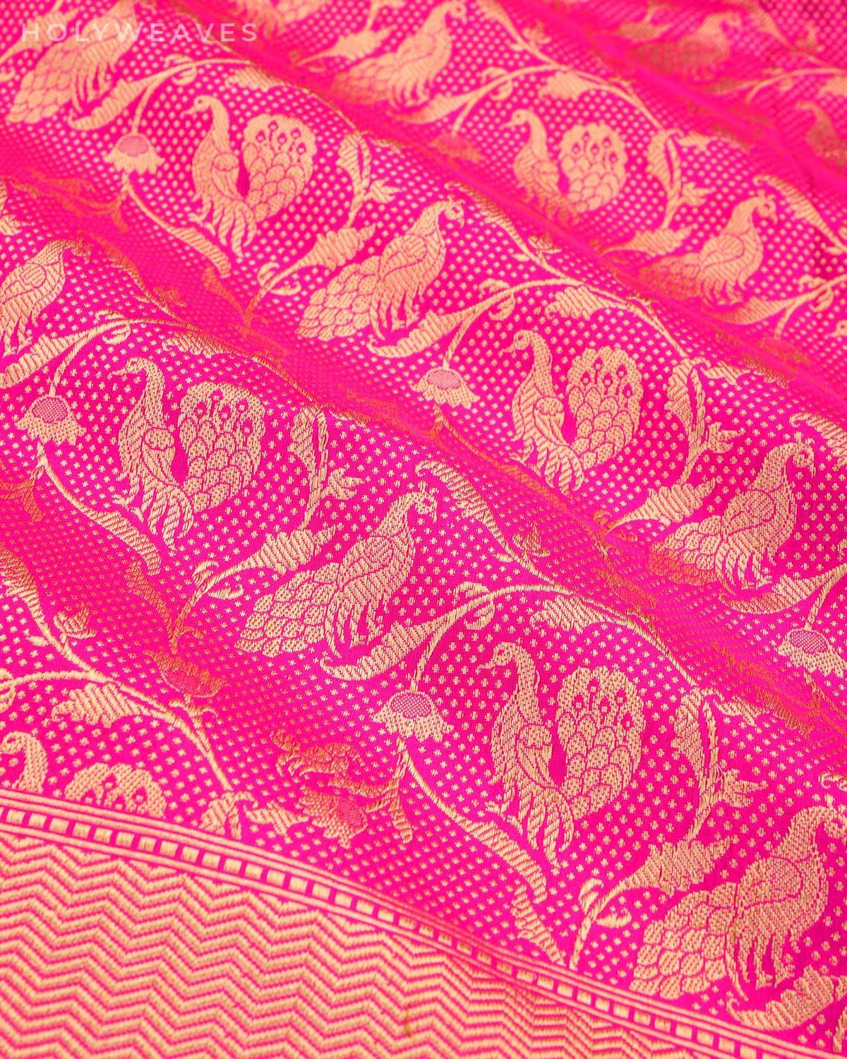 Rani Pink Banarasi Peacocks Shikargah Brocade Handwoven Katan Silk Saree - By HolyWeaves, Benares