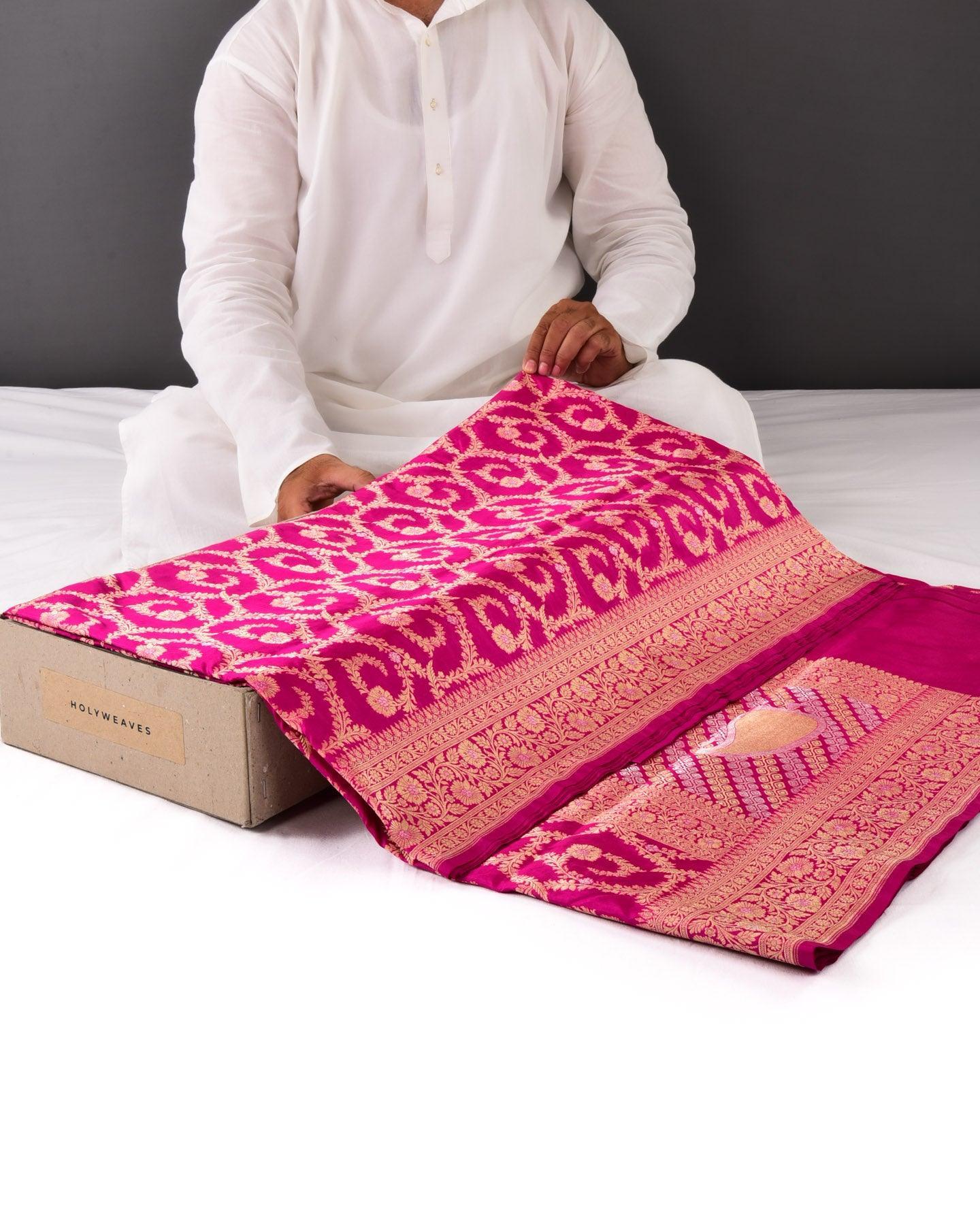 Rani Pink Banarasi Sona Rupa Jaal Cutwork Brocade Handwoven Katan Silk Saree - By HolyWeaves, Benares