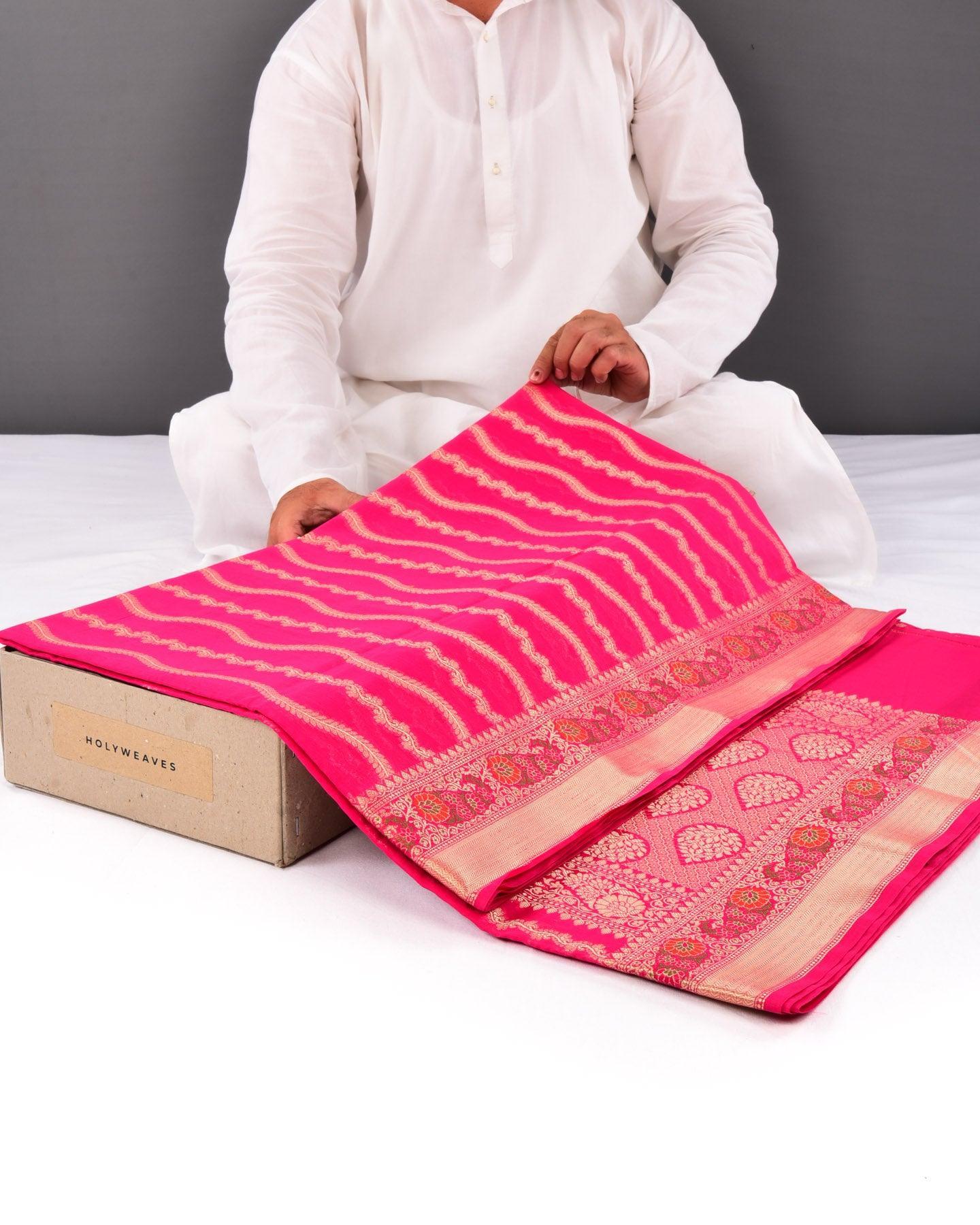 Rani Pink Banarasi Spiral Zari Stripes Cutwork Brocade Woven Cotton Silk Saree with Meena Bel Brocade Border - By HolyWeaves, Benares