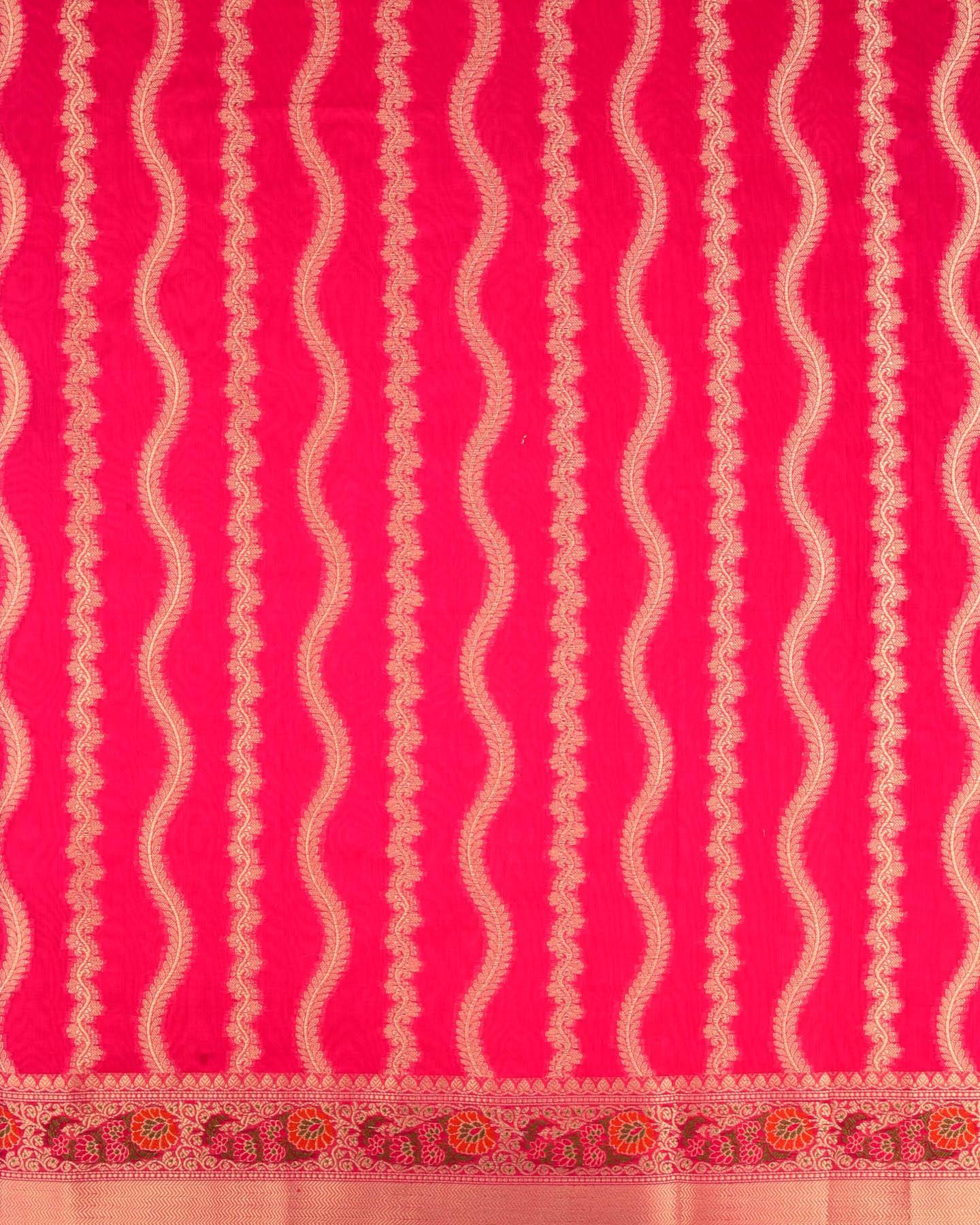 Rani Pink Banarasi Spiral Zari Stripes Cutwork Brocade Woven Cotton Silk Saree with Meena Bel Brocade Border - By HolyWeaves, Benares